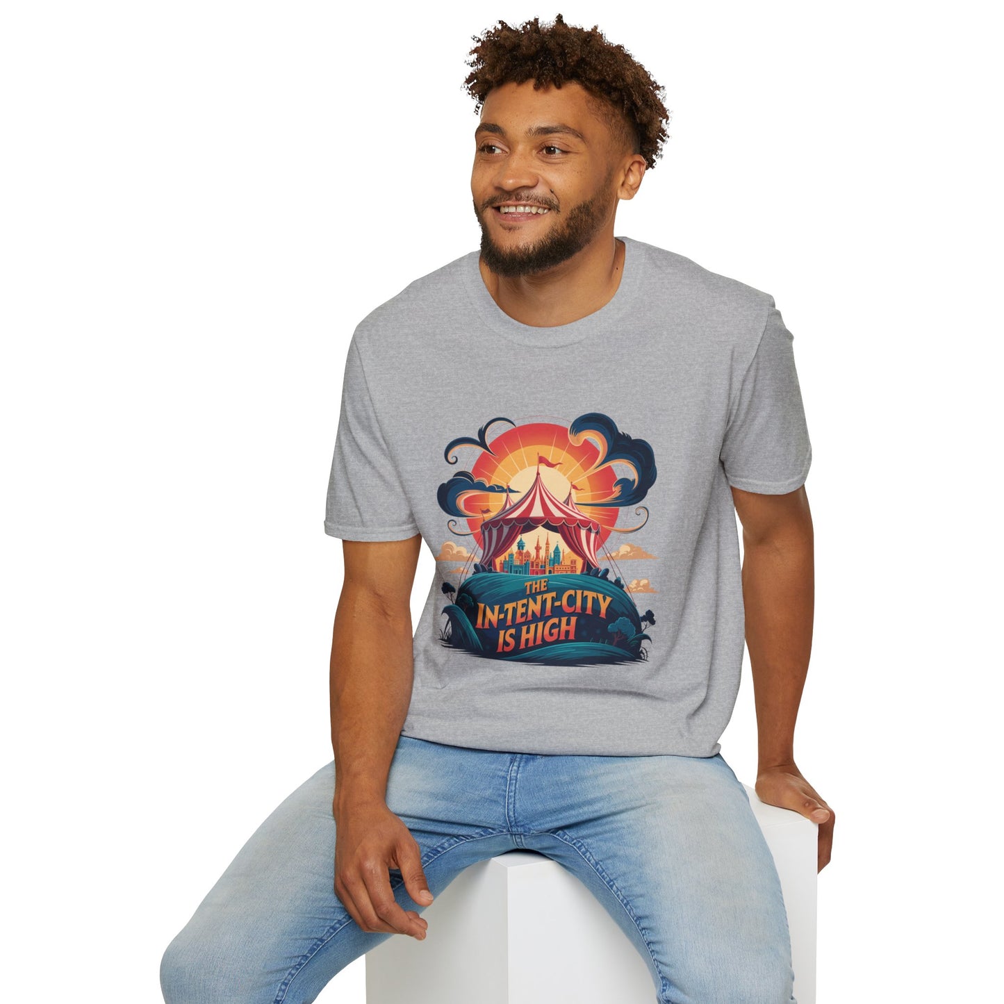 In-Tent-City Is High Retro Camp T-Shirt | Vintage Circus Tent + Cityscape Graphic | Funny Outdoors Urban Adventure Tee | Unisex Camper Shirt