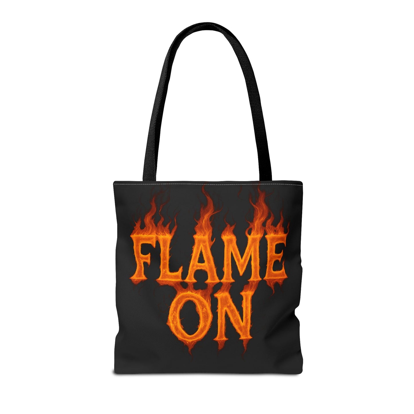 Flame On Tote Bag - Fire Typography Black Bag for Book Lovers, Gym, or Groceries | Bold Comic-Inspired Catchphrase Tote