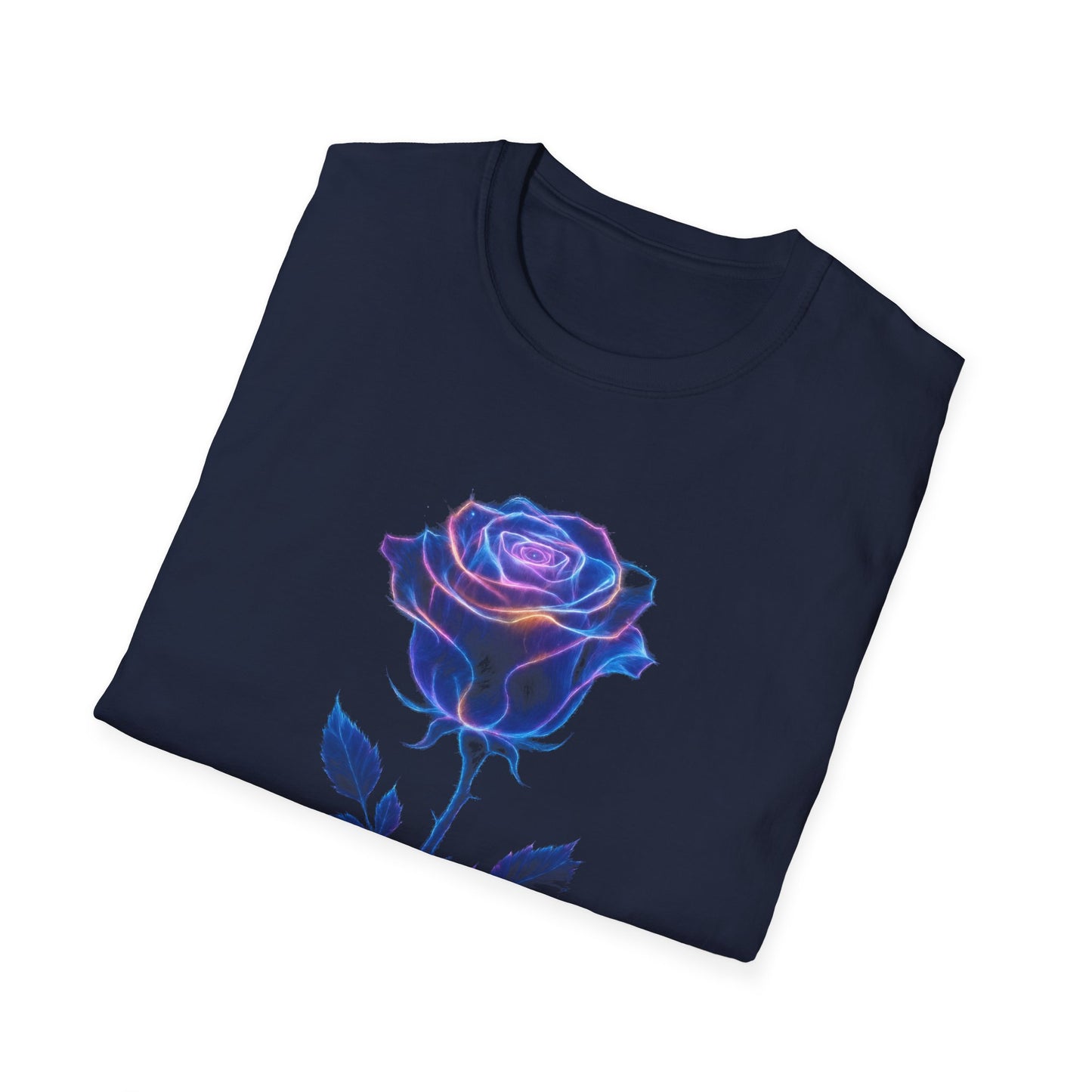 neon rose t-shirt, glowing rose tee, floral graphic shirt, neon flower design, botanical t-shirt, glow aesthetic top, trendy rose apparel