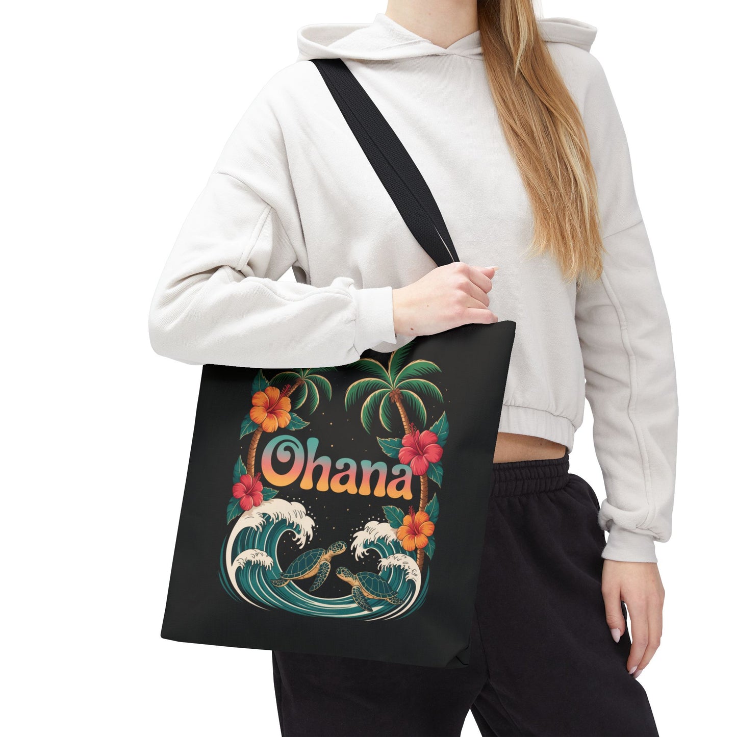 Ohana Tote Bag – Hawaiian Beach Tote with Sea Turtles & Palm Trees – Floral Tropical Reusable Bag, Summer Gift, Aesthetic Travel Purse