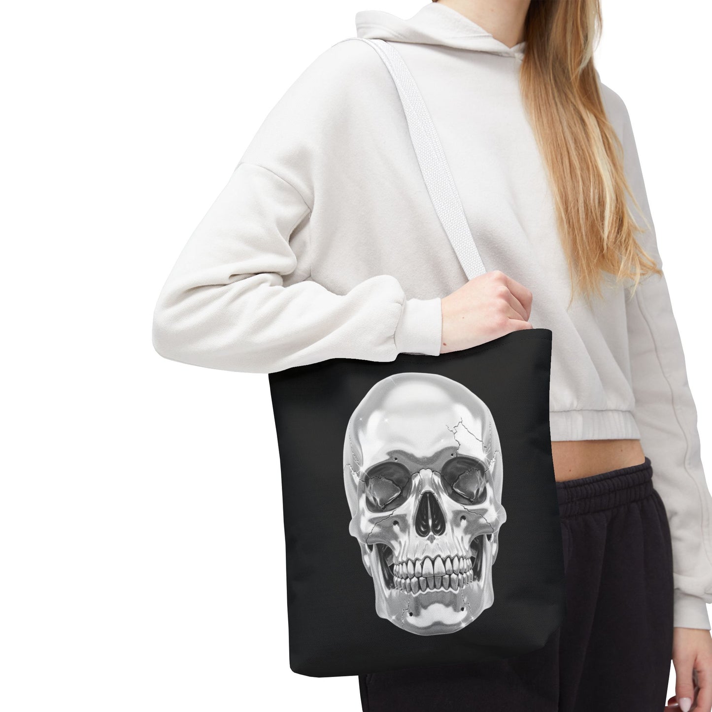 Chrome Skull Tote Bag, Gothic Halloween Canvas Tote, Metallic Skull Design Bag, Spooky Season Accessory, Skull Gift Tote For Horror Fans