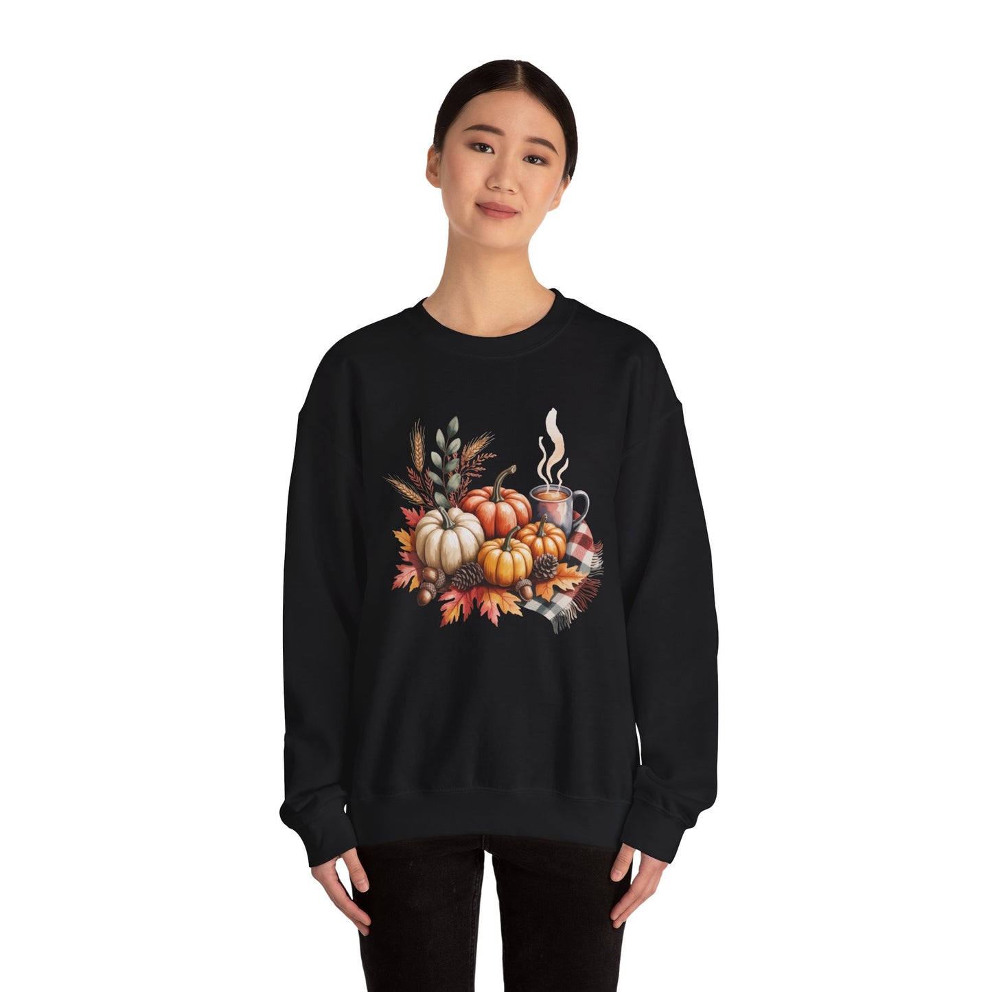 Fall Pumpkin Sweatshirt, Cozy Autumn Crewneck, Thanksgiving Sweater With Pumpkins And Coffee, Fall Leaves Pullover, Seasonal Gift