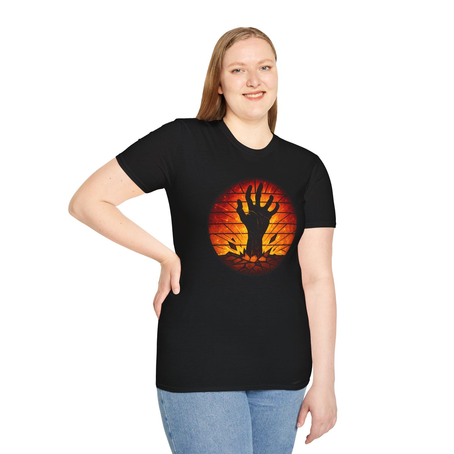 Zombie Hand Sunset T-Shirt – Stained Glass Horror Shirt, Halloween Gothic Tee, Undead Rising Art Tee, Creepy Spooky Shirt for Fall