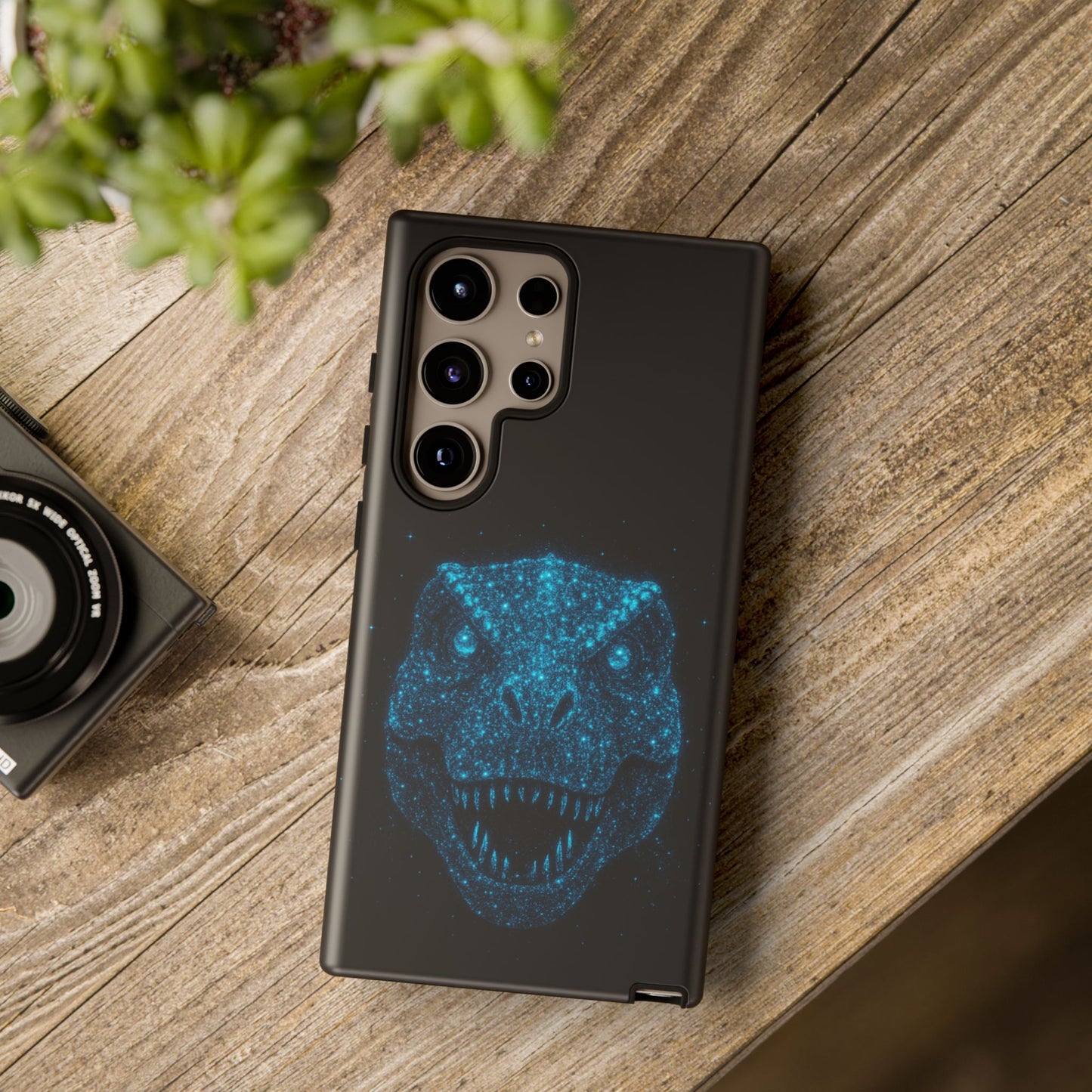 Bioluminescent T-Rex Samsung Case - Galaxy Tough Dual-Layer Cover, Cosmic Dino Particle Design, S25 S24 S23 Gift