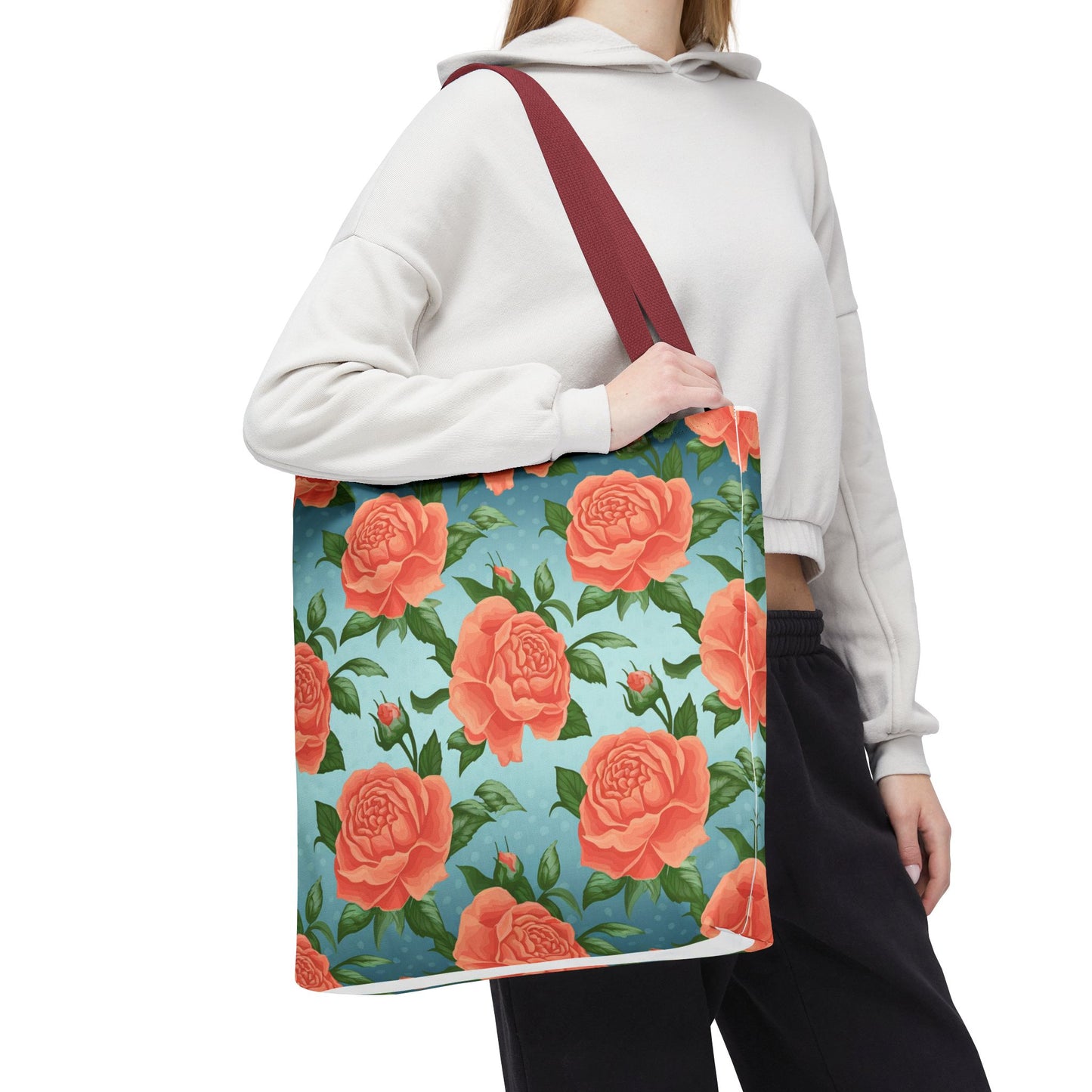 Vintage Floral Tote Bag – Coral Rose Pattern on Blue Background – Aesthetic Everyday Carry Bag – Reusable Fabric Market Tote Gift