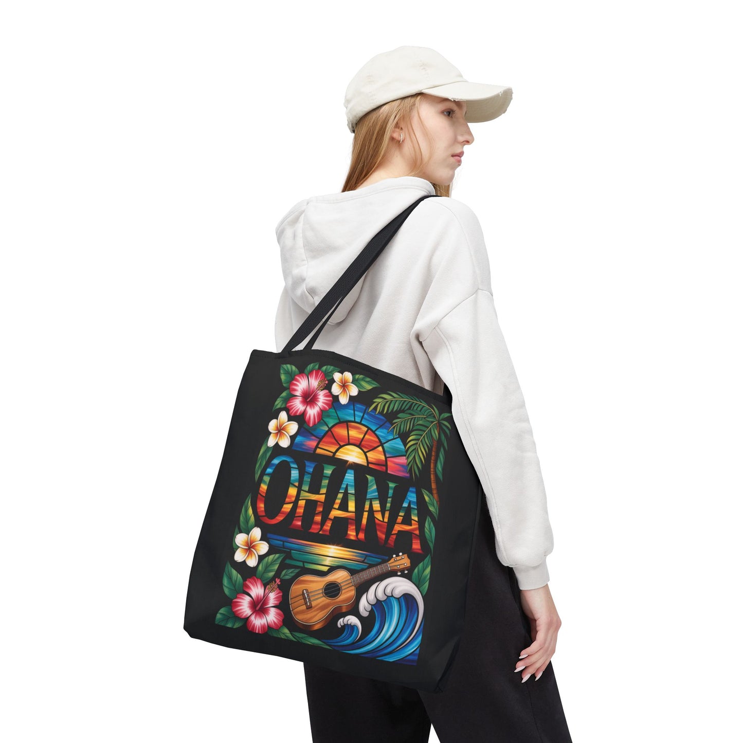 Ohana Tote Bag – Hawaiian Tropical Beach Bag with Ukulele, Sunset & Hibiscus Flowers, Island Gift for Women, Aloha Family Vibes