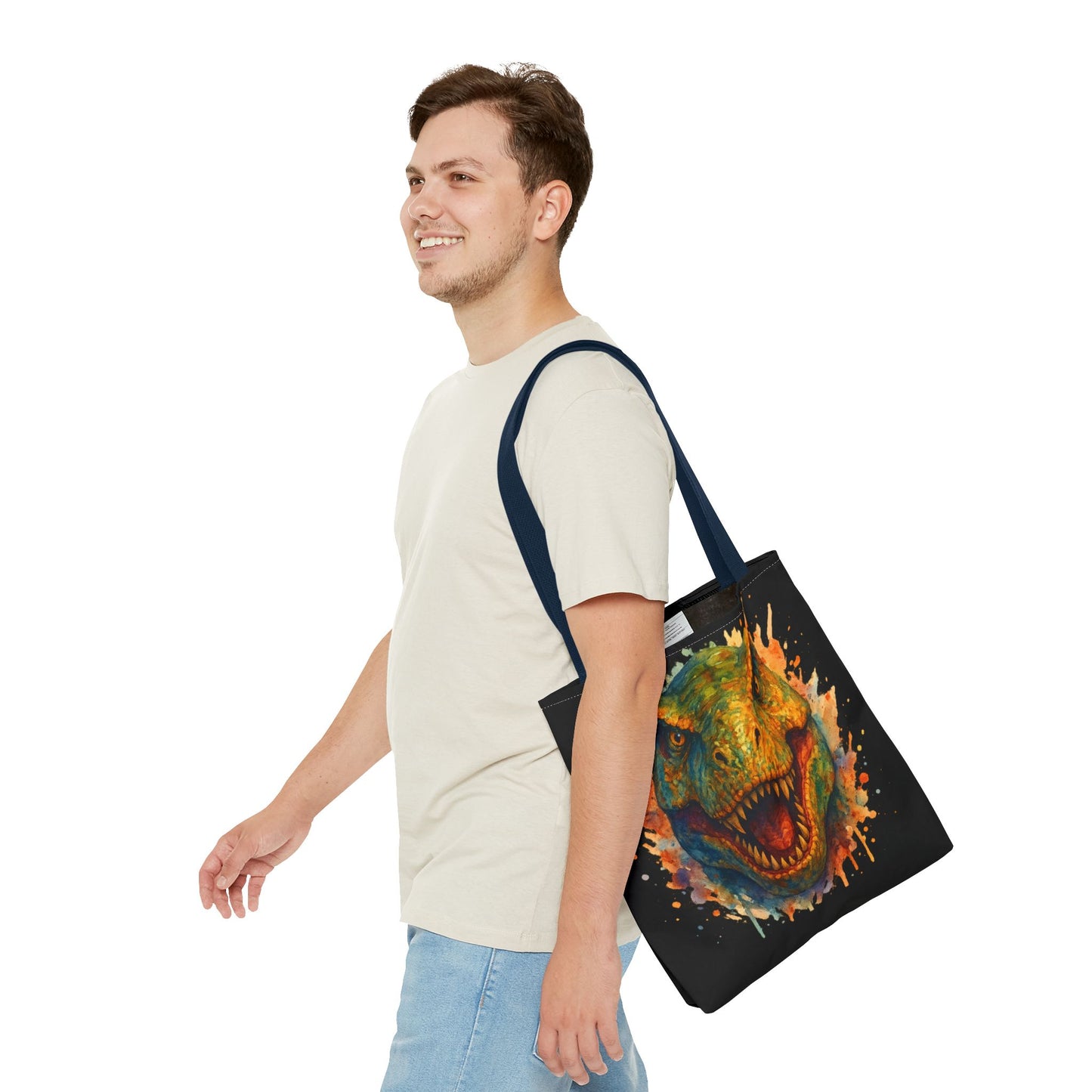 T-Rex Watercolor Tote Bag - 100% Polyester Canvas, Vibrant Dinosaur Art Bag, Reusable Beach-Market Tote, Dino Lover Gift, Bold Style