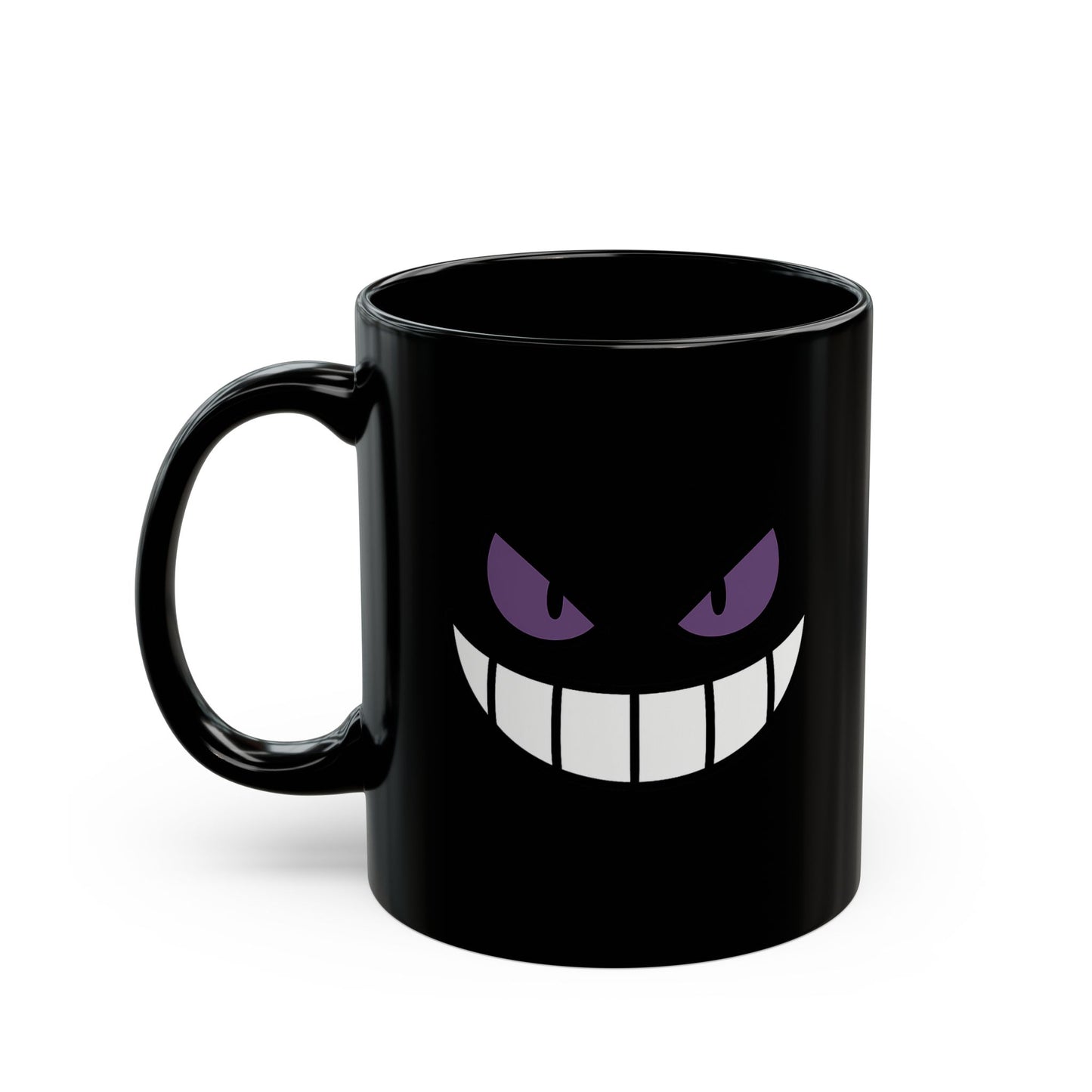 Mischievous Purple Eyes Mug - Black Coffee Cup with Spooky Grin - Cute Yet Creepy Gift for Gamers, Anime Fans, and Coffee Lovers