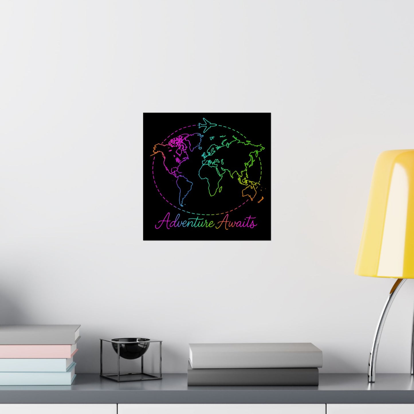 Adventure Awaits Neon Poster - Y2K Rainbow World Map and Plane Wall Art - Travel Aesthetic Decor for Office, Dorm, Bedroom + Gift