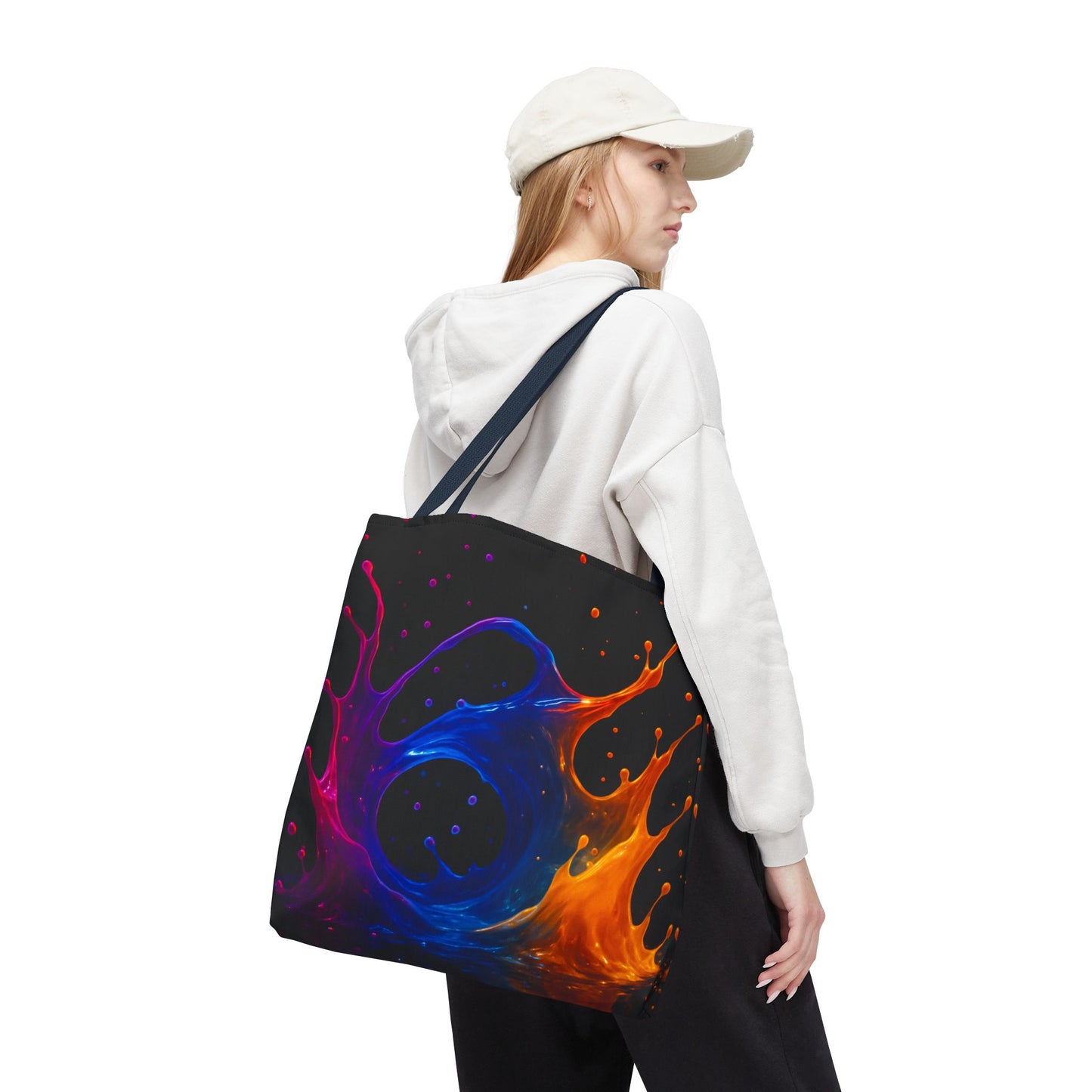 Elemental Fusion Tote Bag, Fire And Water Abstract Art Design, Vibrant Blue And Orange Splash Reusable Tote For Artists, Travel, And Everyday Use