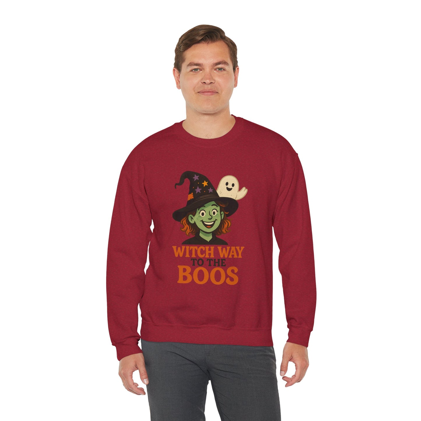 Witch Way To The Boos Sweatshirt, Funny Witch Halloween Crewneck, Witchy Ghost Sweatshirt, Spooky Season Graphic Pullover, Lighthearted Halloween Wear
