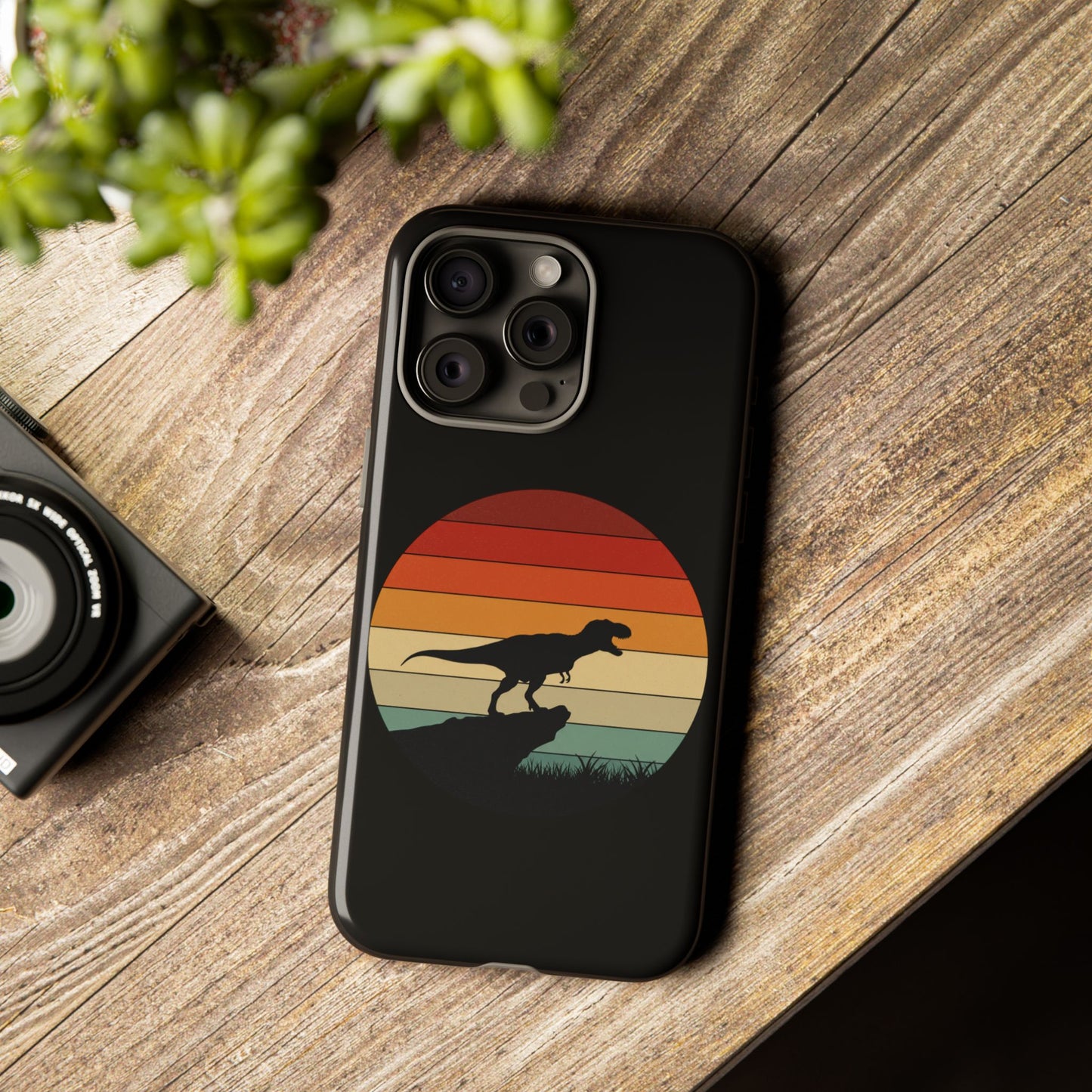 Retro Sunset Dinosaur iPhone Case | T‑Rex Silhouette Vintage Phone Cover for iPhone 14/15/16 Pro | Aesthetic Dinosaur Gift