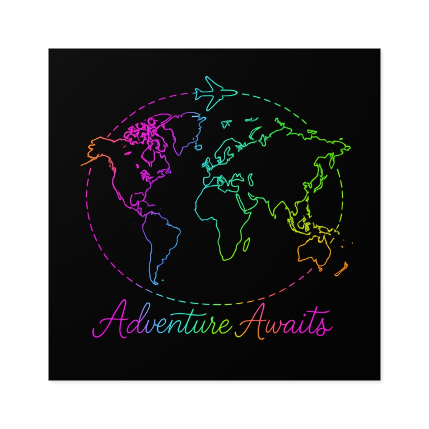 Adventure Awaits Neon Travel Sticker - Y2K Rainbow World Map Vinyl Decal for Luggage, Laptop and Water Bottle - Wanderlust Aesthetic