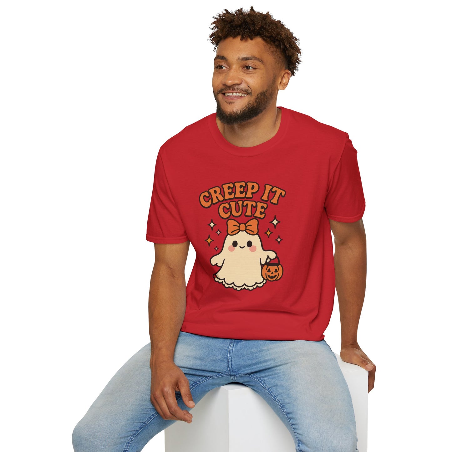Creep It Cute Ghost Halloween Shirt - Kawaii Ghost Tee with Bow and Pumpkin, Spooky-Cute Fall Graphic T-Shirt, Spooky Season Halloween Top