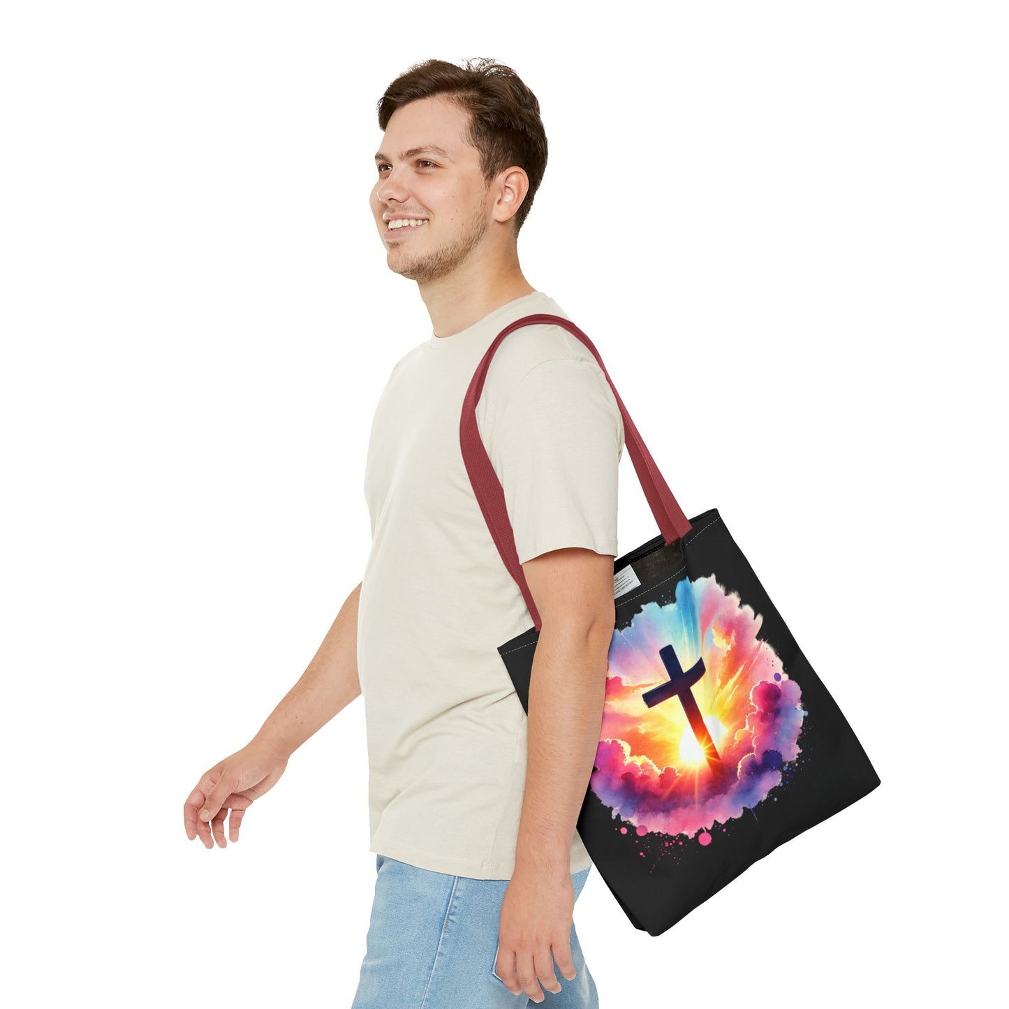 Inspirational Watercolor Sunrise Cross Tote Bag – Faith Art Canvas Tote, Christian Gift, Spiritual Aesthetic, Colorful Bible Verse Tote – Reusable Black Tote
