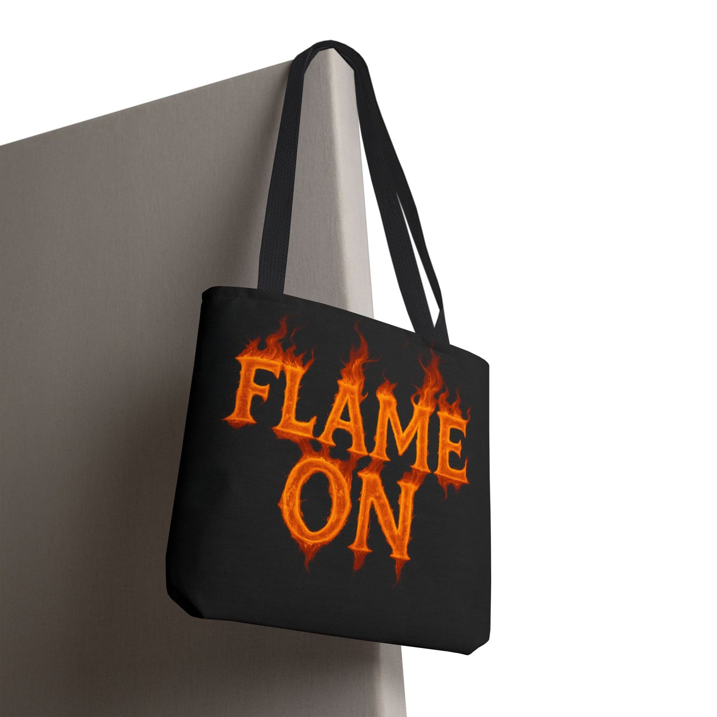 Flame On Tote Bag - Fire Typography Black Bag for Book Lovers, Gym, or Groceries | Bold Comic-Inspired Catchphrase Tote