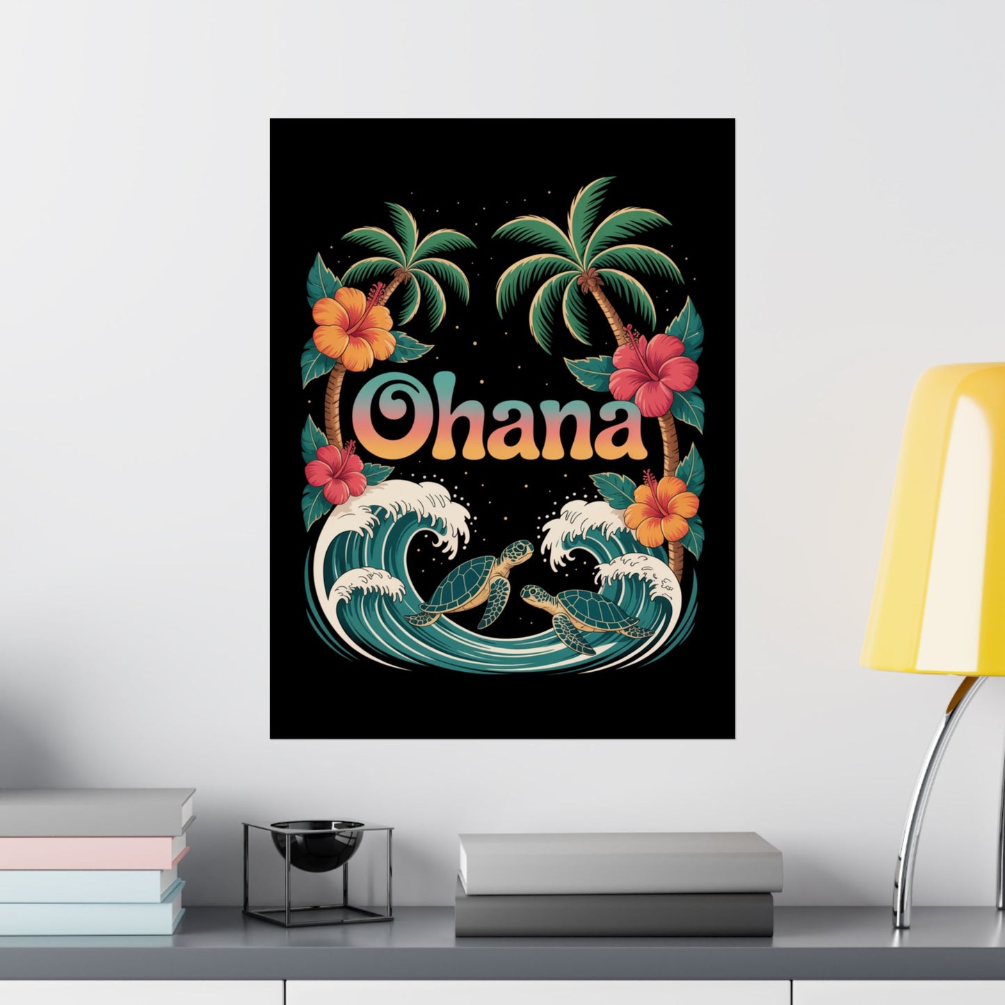 Ohana Hawaiian Wall Art - Tropical Beach Poster with Sea Turtles, Palm Trees & Hibiscus - Island Family Decor for Home or Office