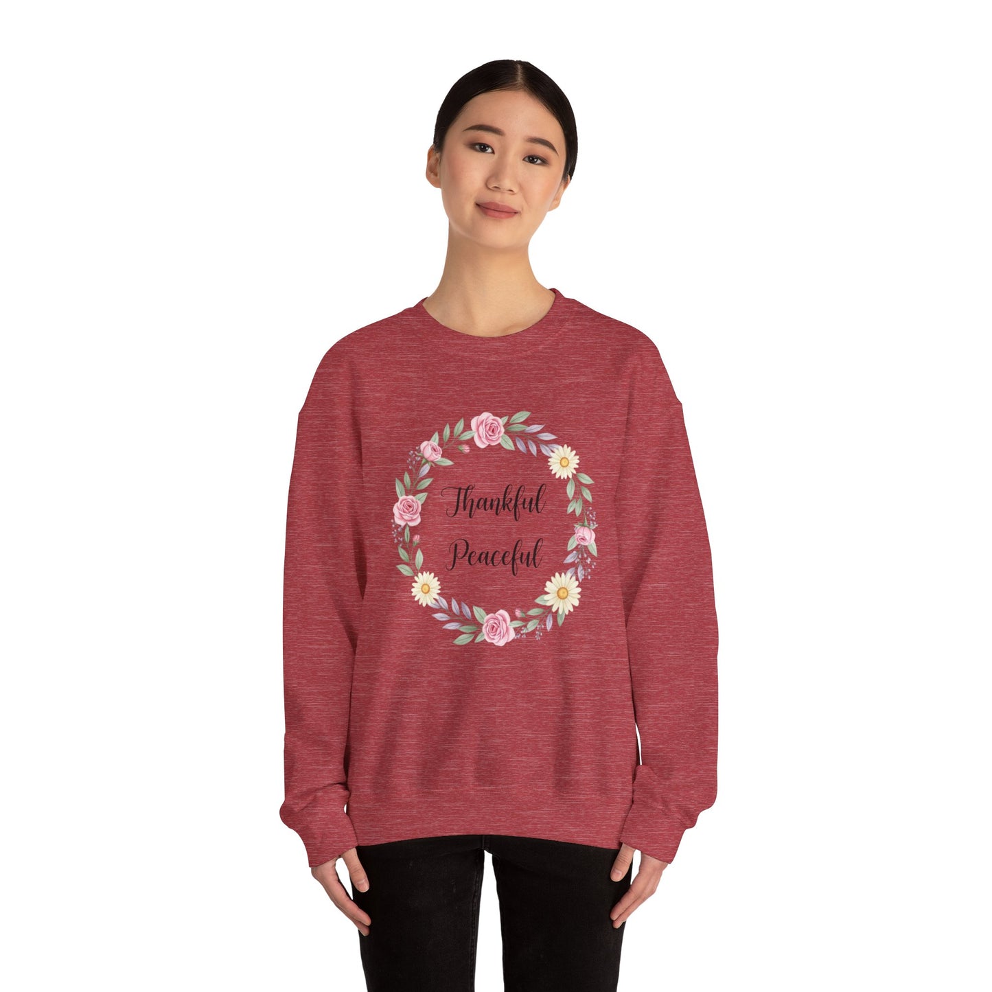 Thankful Peaceful Sweatshirt, Floral Wreath Crewneck, Inspirational Quote Sweater, Positive Message Pullover, Uplifting Gift For Women