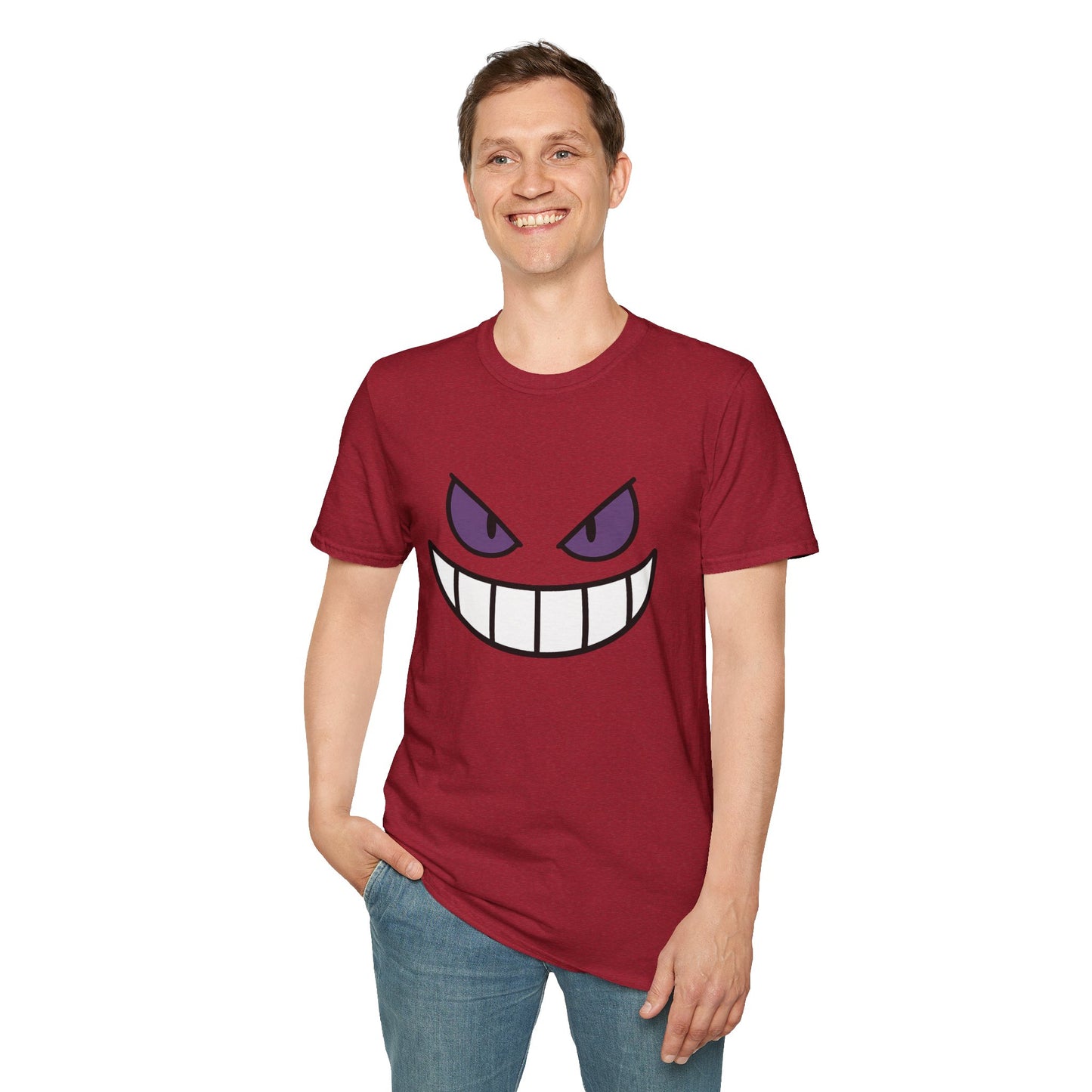 Mischievous Shadow Face Tee - Purple Eyes and Big Grin Graphic Shirt | Spooky Cute Gift, Retro Gaming Vibe, Funny Halloween Unisex Top
