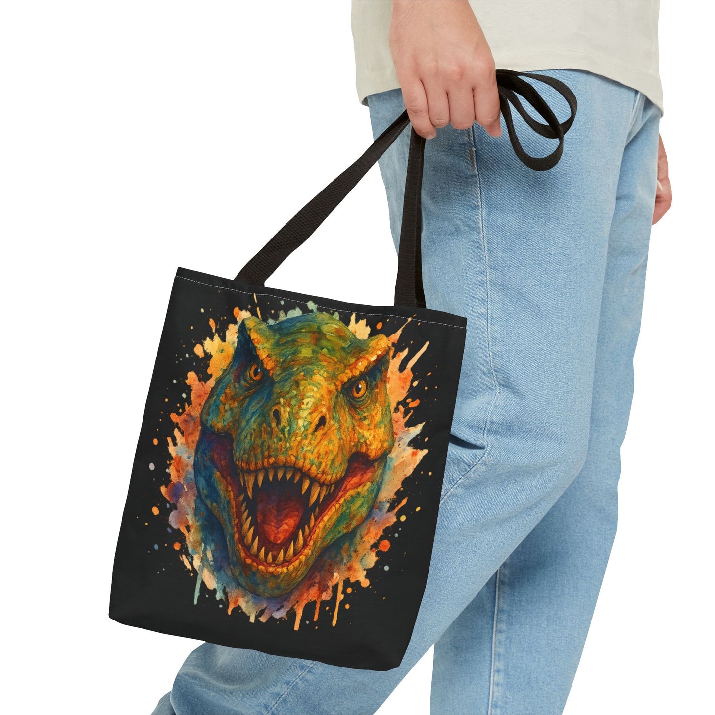 T-Rex Watercolor Tote Bag - 100% Polyester Canvas, Vibrant Dinosaur Art Bag, Reusable Beach-Market Tote, Dino Lover Gift, Bold Style