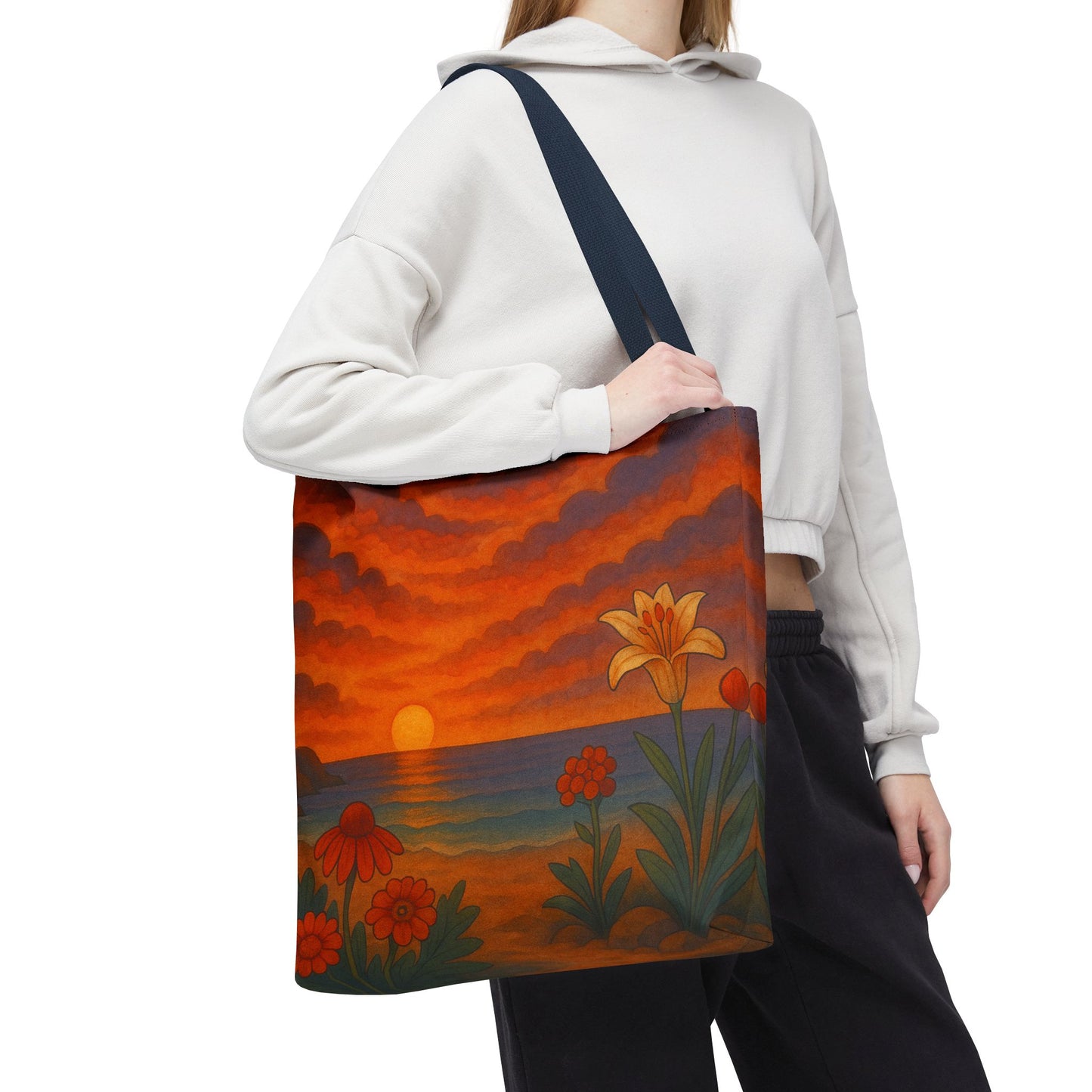 Retro Sunset Tote Bag with Wildflowers – Vibrant Floral Landscape Art, Nature-Inspired Reusable Bag, 70s Style Summer Accessory