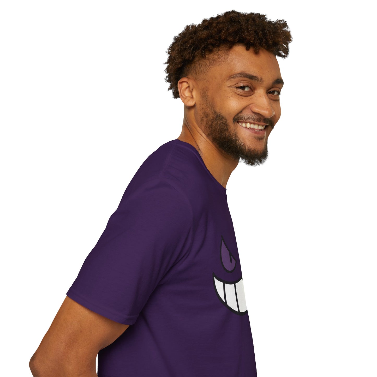 Mischievous Shadow Face Tee - Purple Eyes and Big Grin Graphic Shirt | Spooky Cute Gift, Retro Gaming Vibe, Funny Halloween Unisex Top
