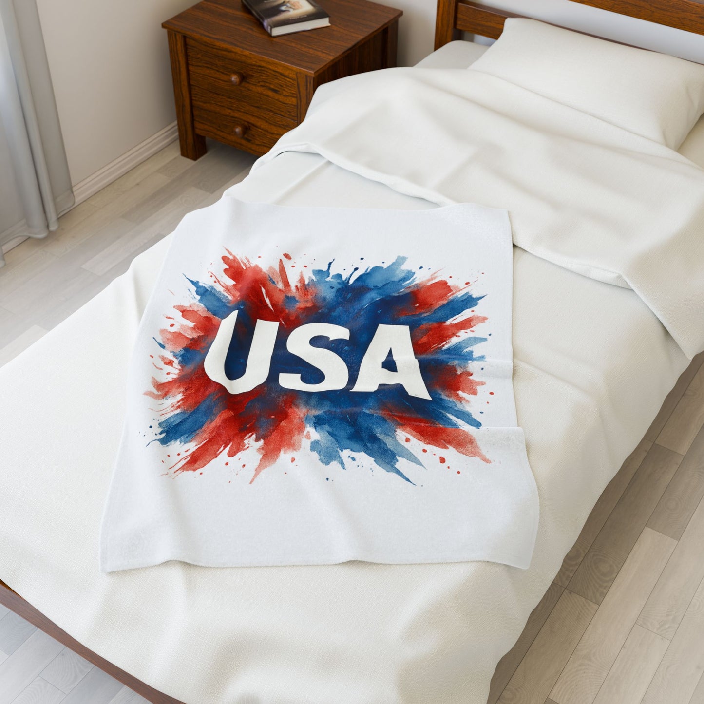 USA Plush Throw Blanket - Soft Polyester Patriotic Blanket for Bed or Couch, Red White Blue 4th of July Decor, Veteran or Citizenship Gift