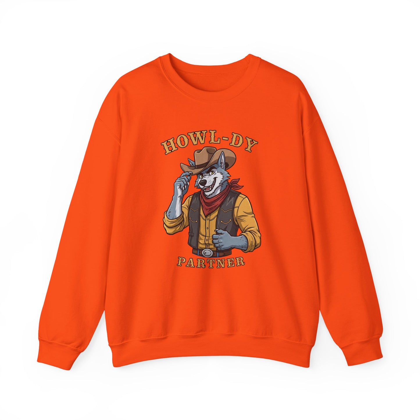 Howl-dy Partner Wolf Sweatshirt, Cowboy Werewolf Halloween Crewneck, Western Spooky Graphic Pullover for Animal Lover Gift Sweatshirt