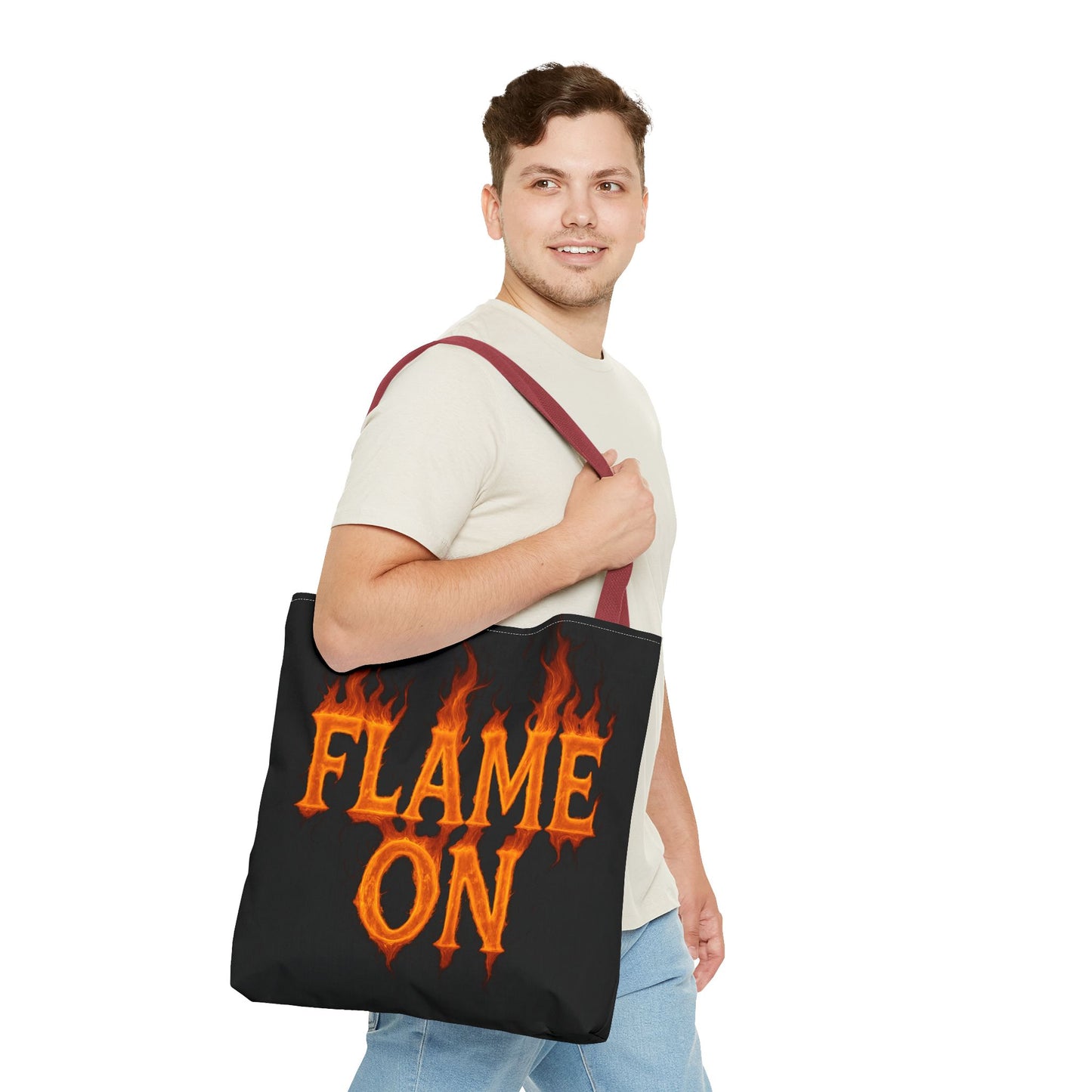 Flame On Tote Bag - Fire Typography Black Bag for Book Lovers, Gym, or Groceries | Bold Comic-Inspired Catchphrase Tote