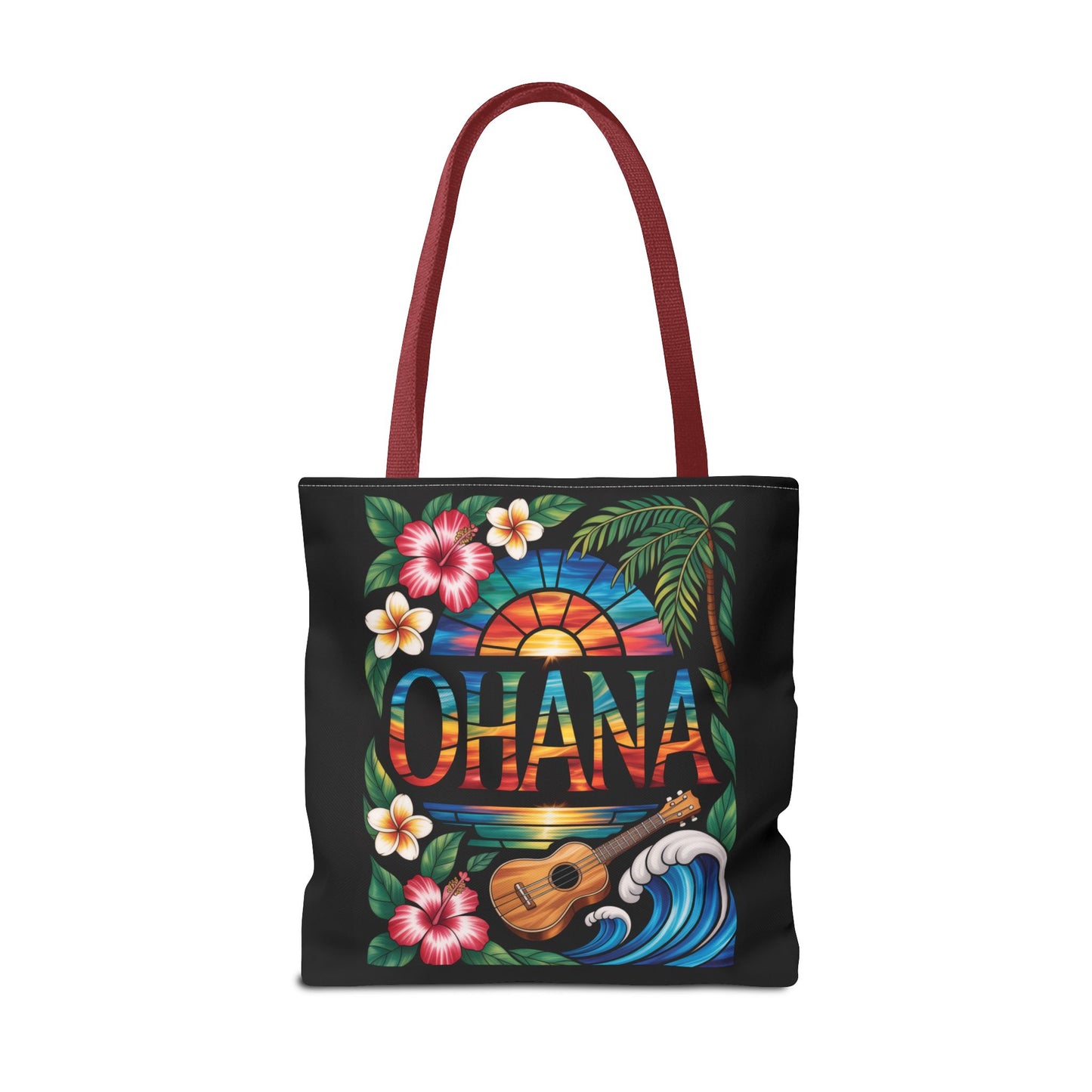 Ohana Tote Bag – Hawaiian Tropical Beach Bag with Ukulele, Sunset & Hibiscus Flowers, Island Gift for Women, Aloha Family Vibes