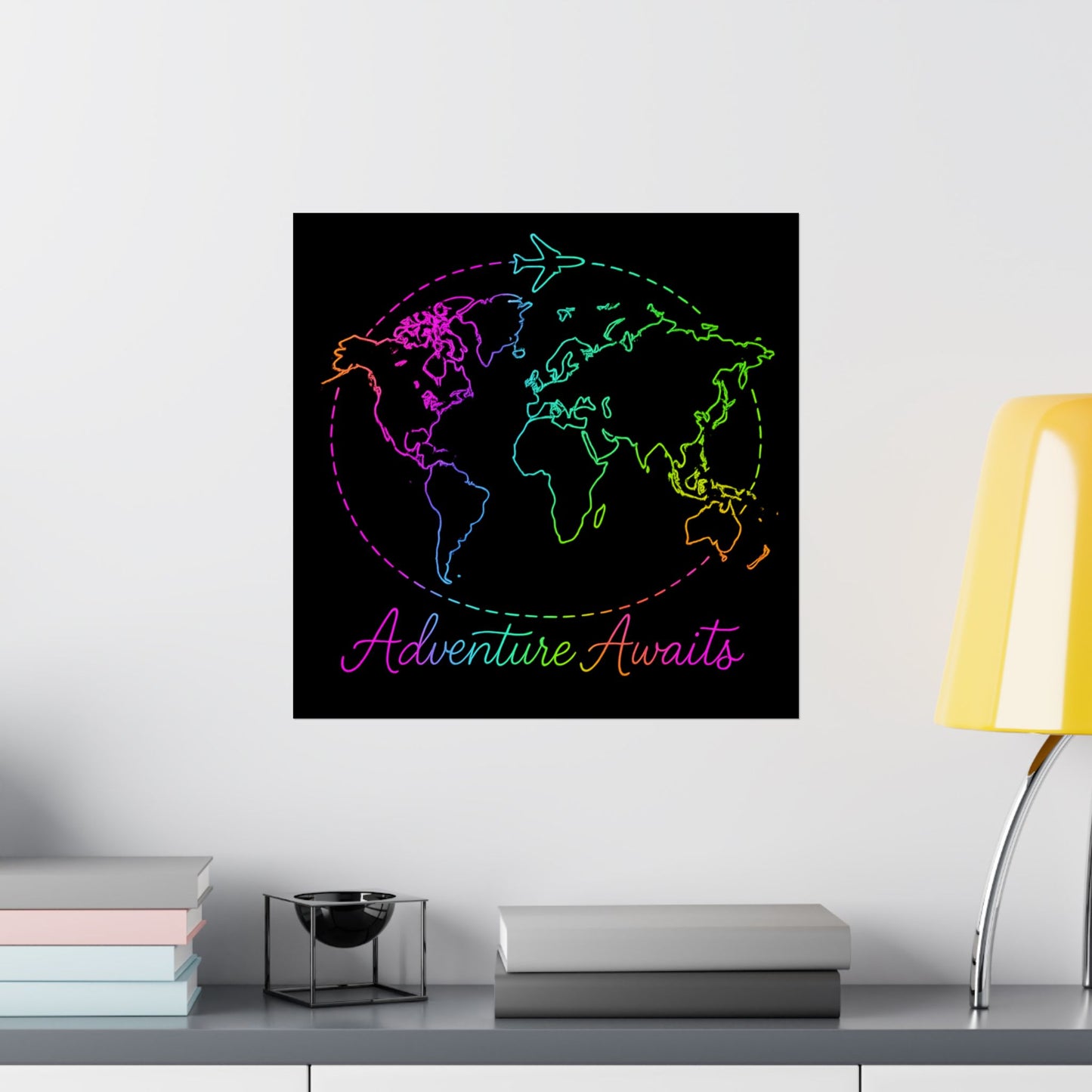 Adventure Awaits Neon Poster - Y2K Rainbow World Map and Plane Wall Art - Travel Aesthetic Decor for Office, Dorm, Bedroom + Gift