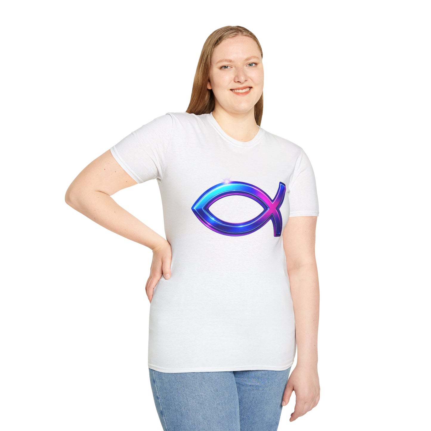 Neon Christian Fish T-Shirt, Modern Faith Tee, Ichthys Jesus Shirt, Spiritual Gift For Men And Women, Glow Cross Symbol Graphic Tee