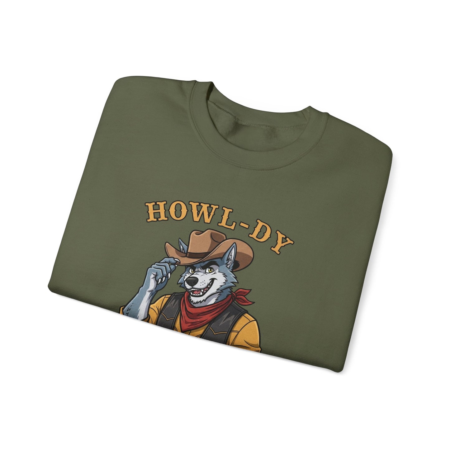 Howl-dy Partner Wolf Sweatshirt, Cowboy Werewolf Halloween Crewneck, Western Spooky Graphic Pullover for Animal Lover Gift Sweatshirt