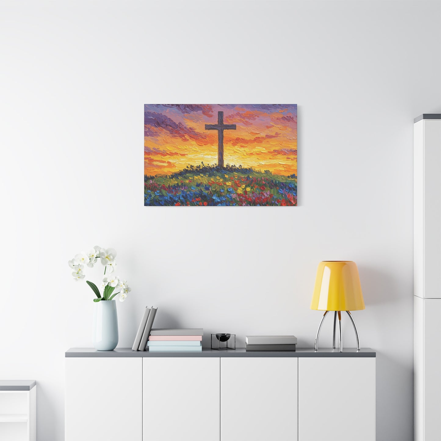 Van Gogh Inspired Inspirational Stretched Canvas Art - Sunset Cross Landscape