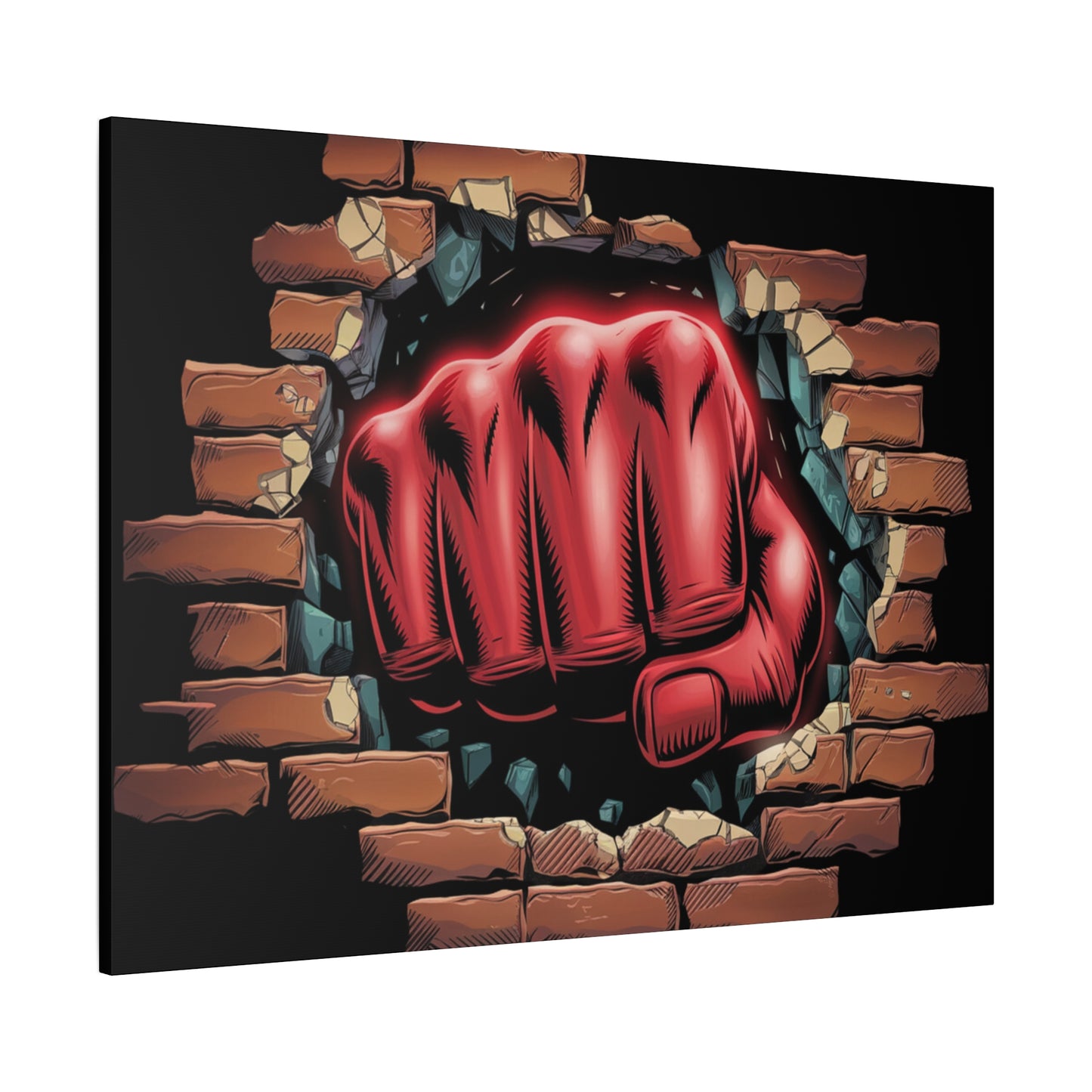 Canvas Wall Art - Red Fist Smashing Through Wall