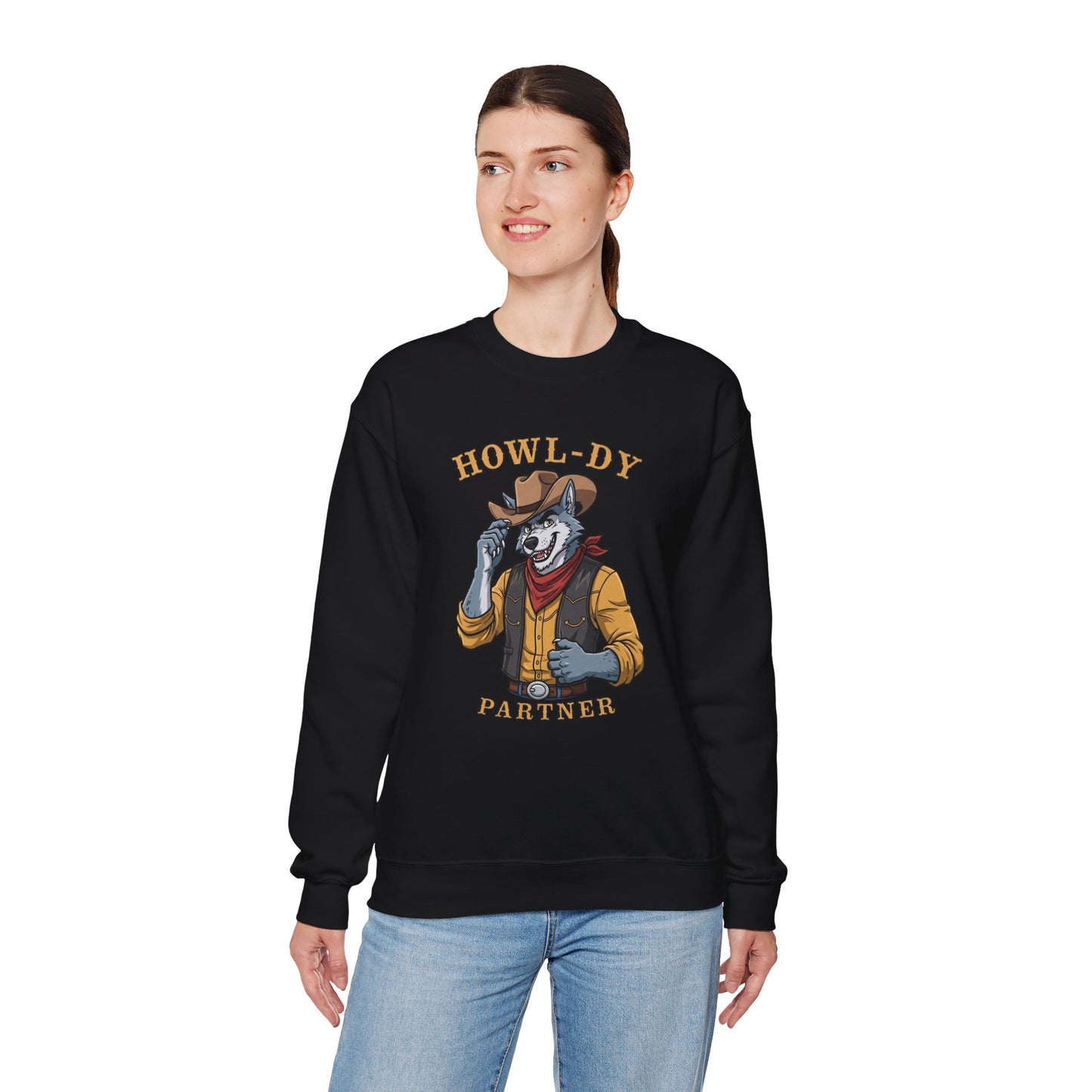Howl-dy Partner Wolf Sweatshirt, Cowboy Werewolf Halloween Crewneck, Western Spooky Graphic Pullover for Animal Lover Gift Sweatshirt