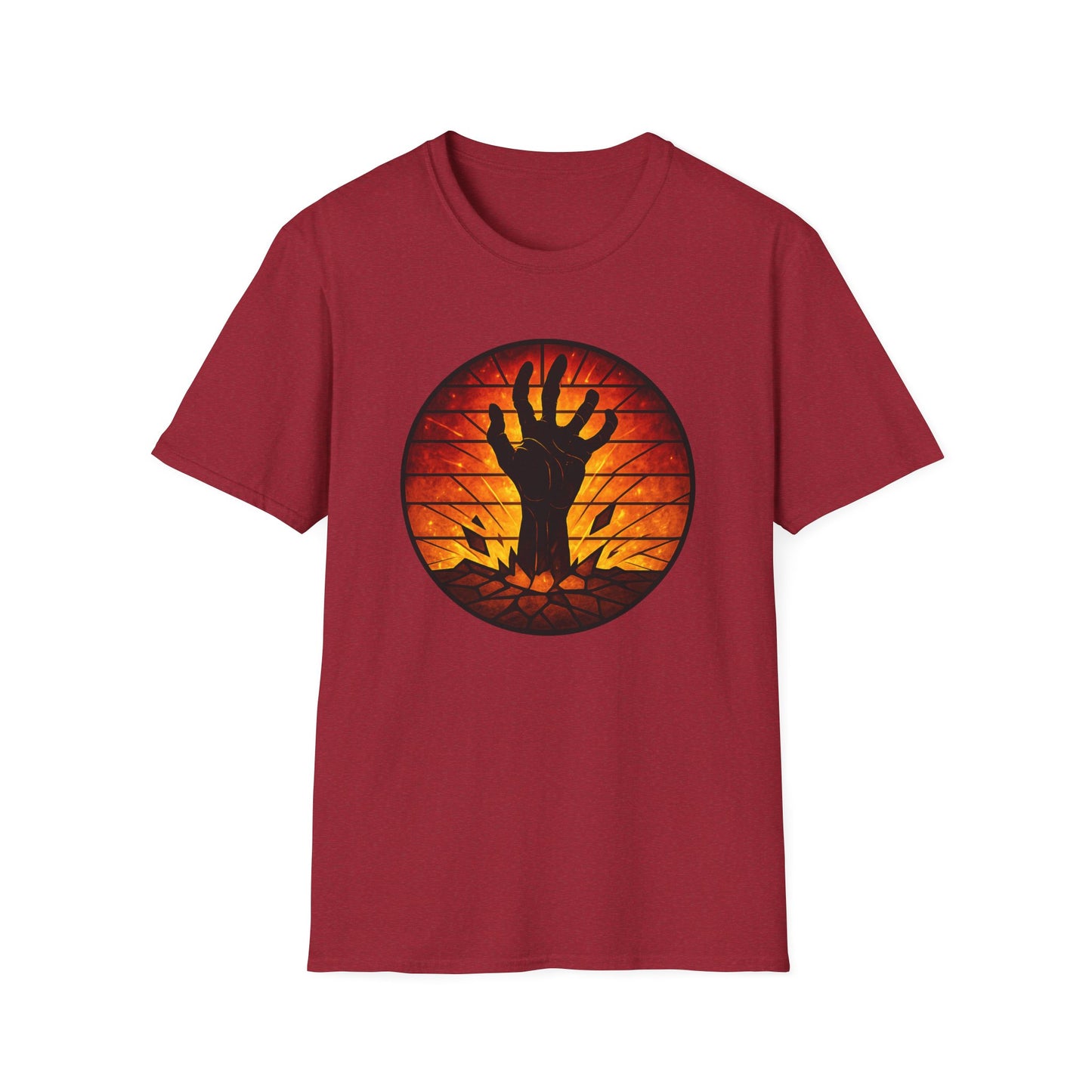 Zombie Hand Sunset T-Shirt – Stained Glass Horror Shirt, Halloween Gothic Tee, Undead Rising Art Tee, Creepy Spooky Shirt for Fall