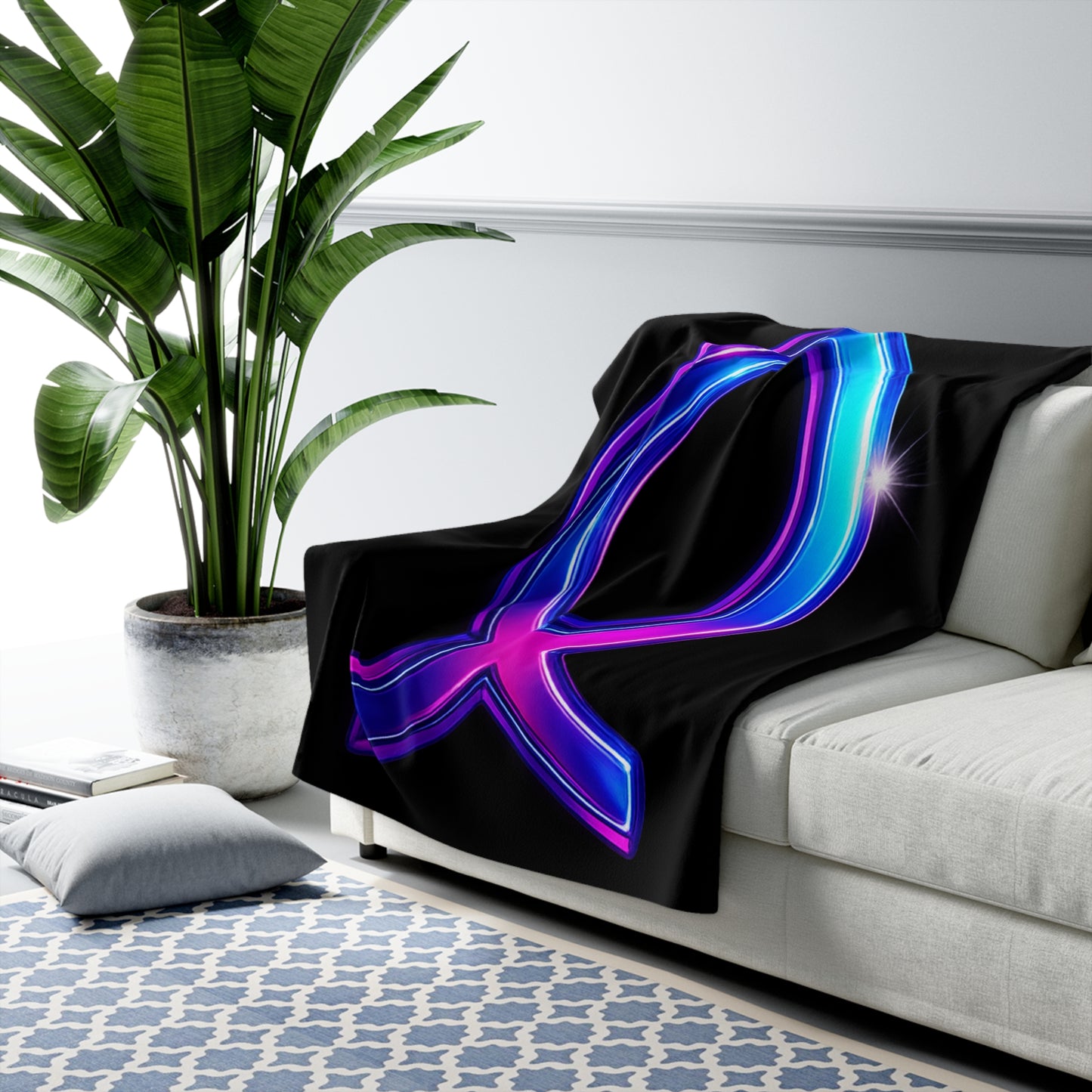 Neon Faith Sherpa Fleece Blanket, Futuristic Blue And Pink Symbol Design, Soft Glow Throw Blanket For Home Decor, Gifts, And Cozy Comfort