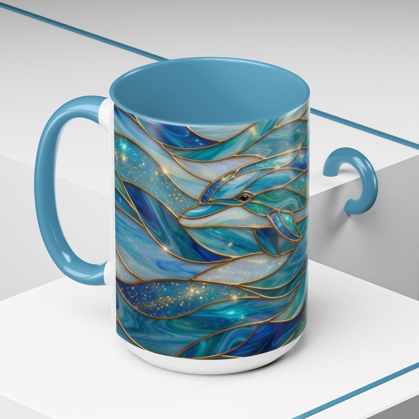 Stained Glass Dolphin Mug, Dolphin Coffee Cup, Ocean Art Mug, Sea Life Gift, Nautical Decor Mug, Coastal Dolphin Lover Gift