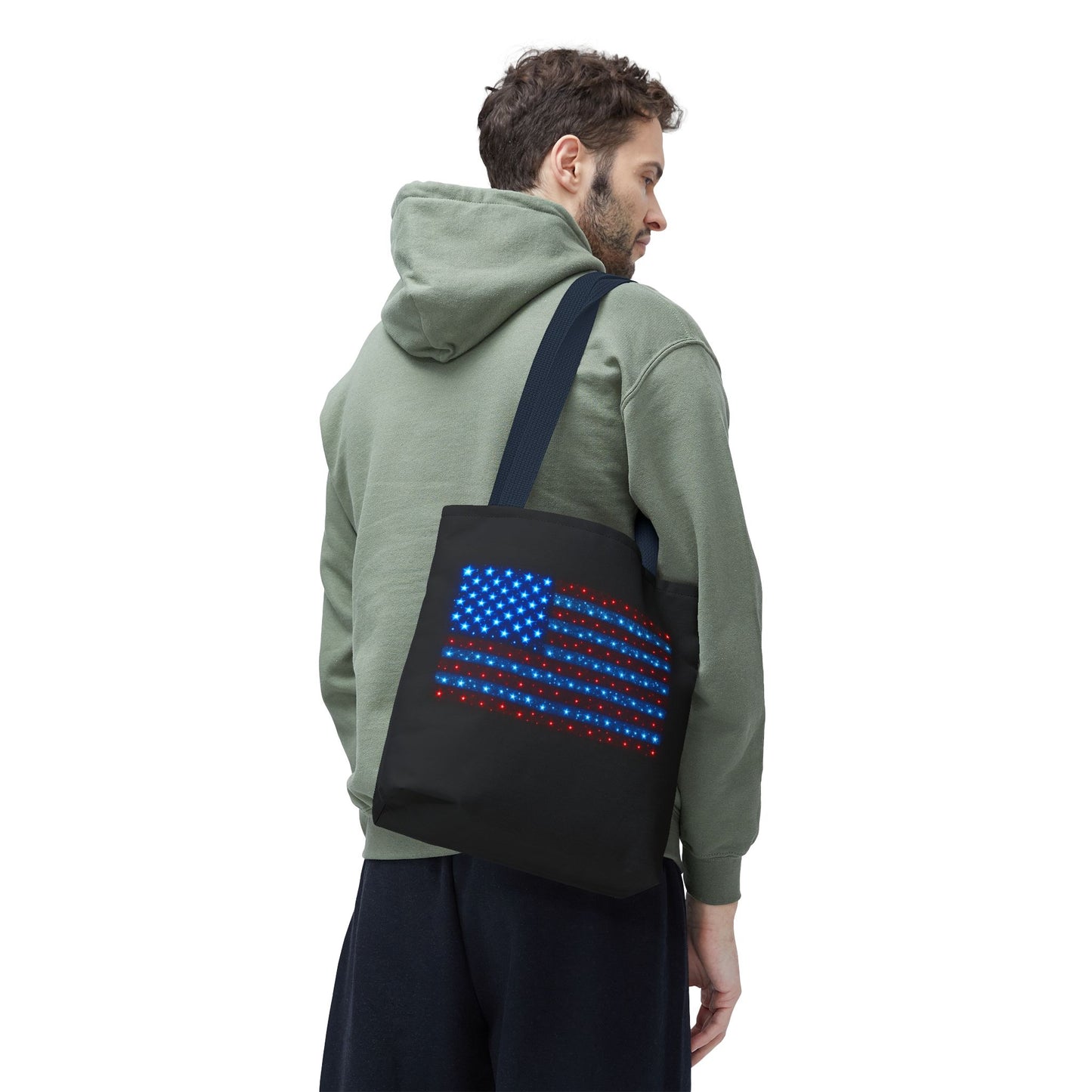 Galaxy Bioluminescent USA Flag Tote Bag - Patriotic Cosmic Canvas Shopper - Starry Red White Blue Tote Non-Glow - 4th July Gift