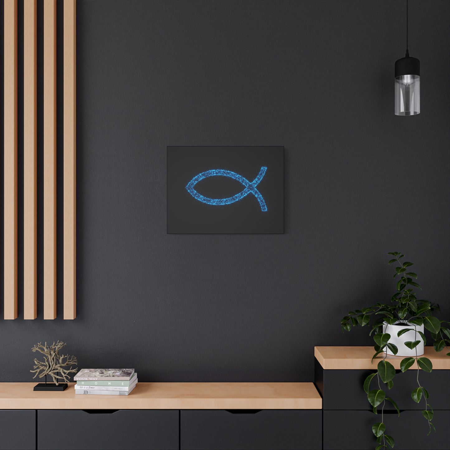 Blue Glitter Fish Symbol Matte Canvas Wall Art