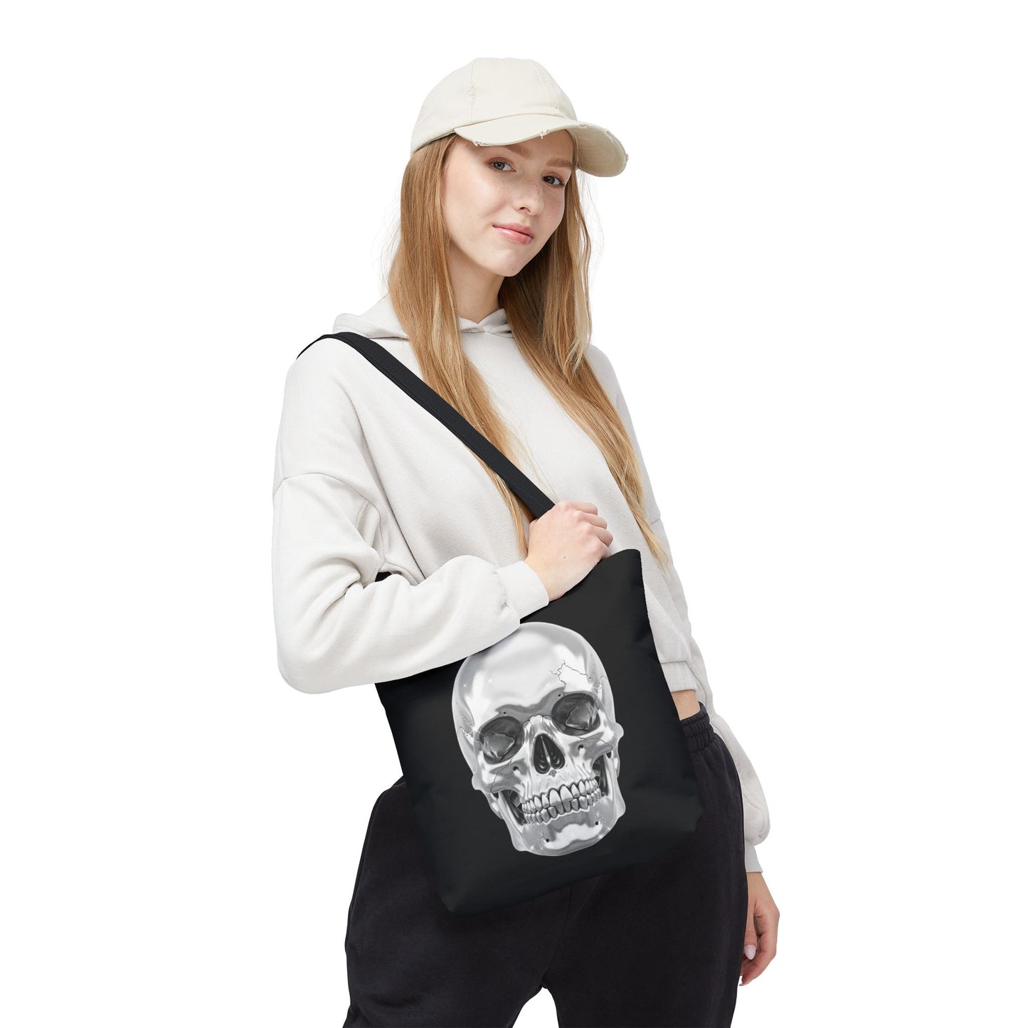 Chrome Skull Tote Bag, Gothic Halloween Canvas Tote, Metallic Skull Design Bag, Spooky Season Accessory, Skull Gift Tote For Horror Fans