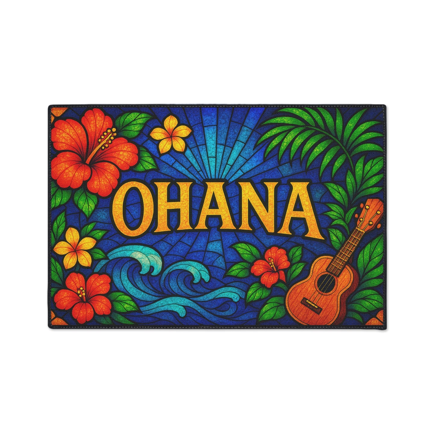 Ohana Welcome Mat - Tropical Hawaiian Rug for Entryway or Kitchen, Family Theme Doormat with Floral Aloha Vibes, Indoor Home Decor