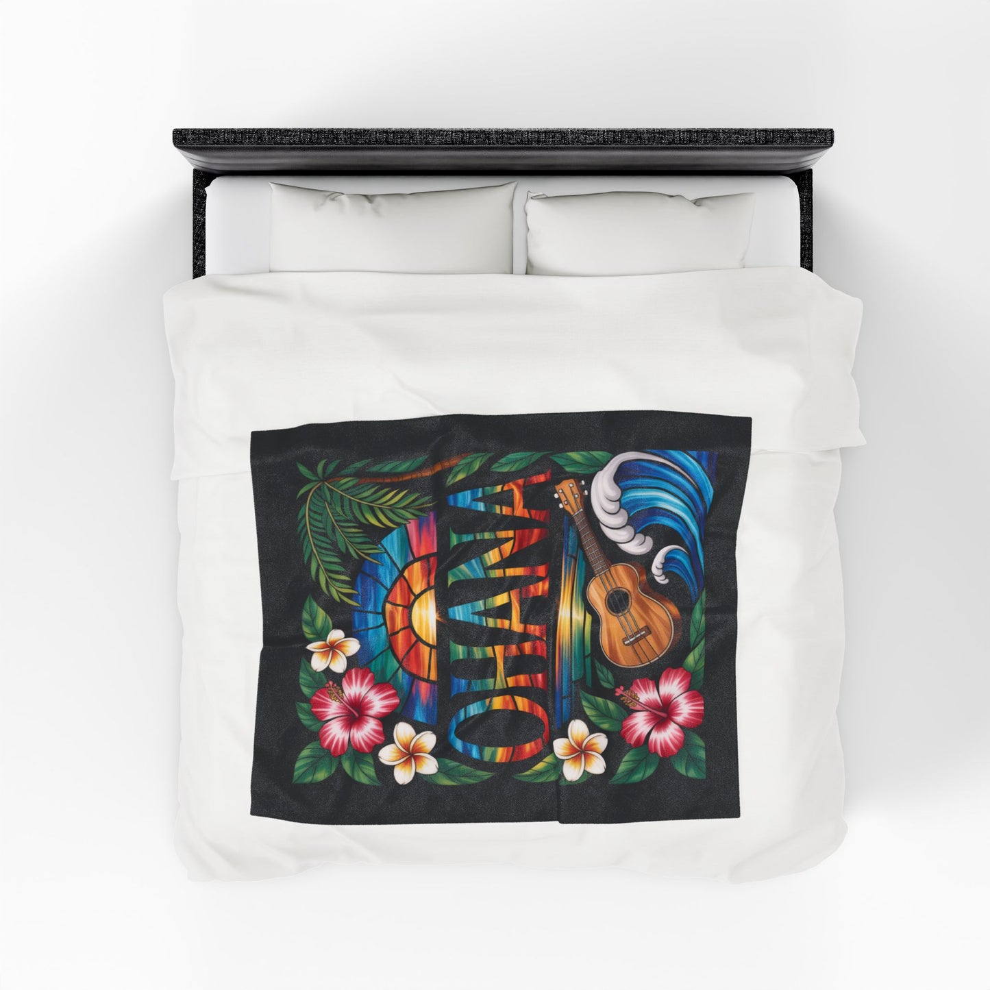 Hawaiian Ohana Blanket - Tropical Ukulele Sunset Throw with Hibiscus Flowers, Beach Waves - Cozy Island Vibes Bed Cover Gift