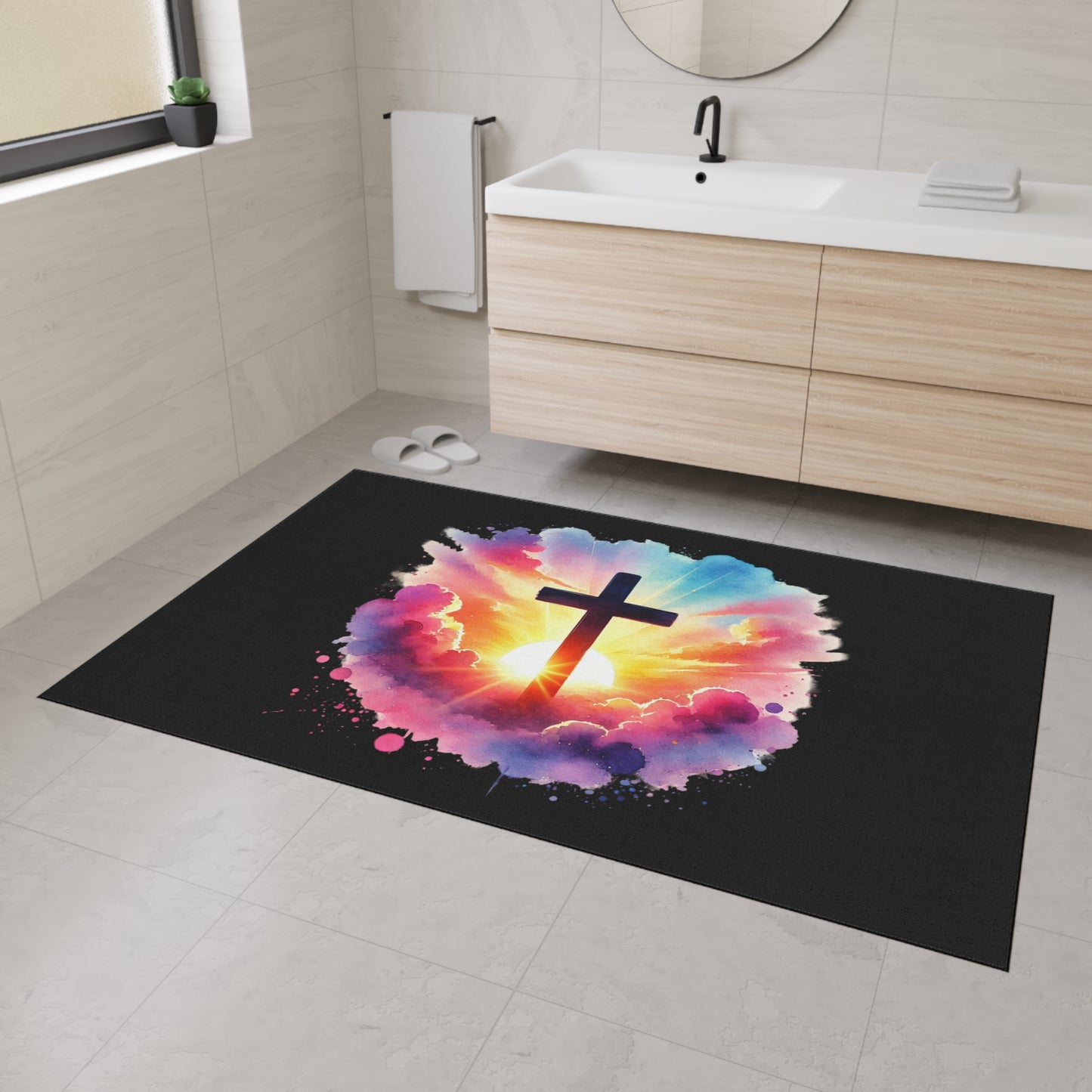 Inspirational Christian Heavy Duty Floor Mat - Sunrise Cross Design