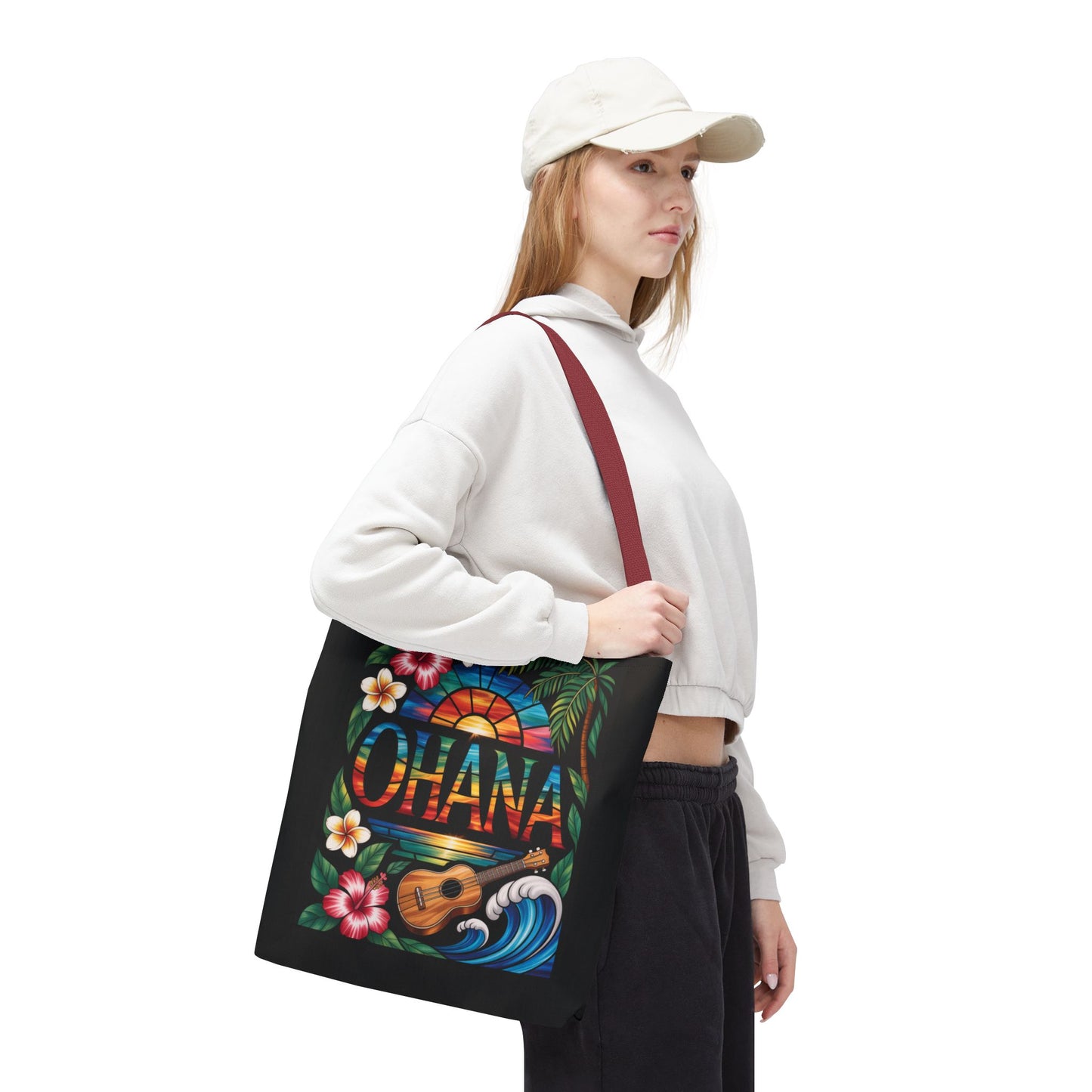 Ohana Tote Bag – Hawaiian Tropical Beach Bag with Ukulele, Sunset & Hibiscus Flowers, Island Gift for Women, Aloha Family Vibes