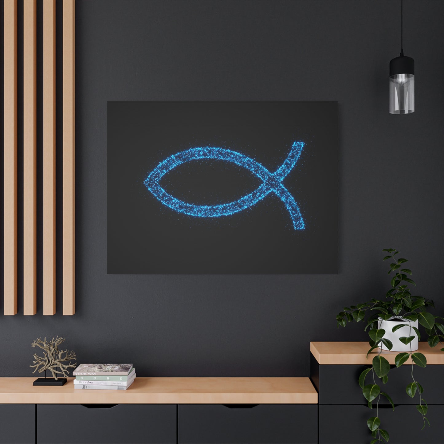 Blue Glitter Fish Symbol Matte Canvas Wall Art