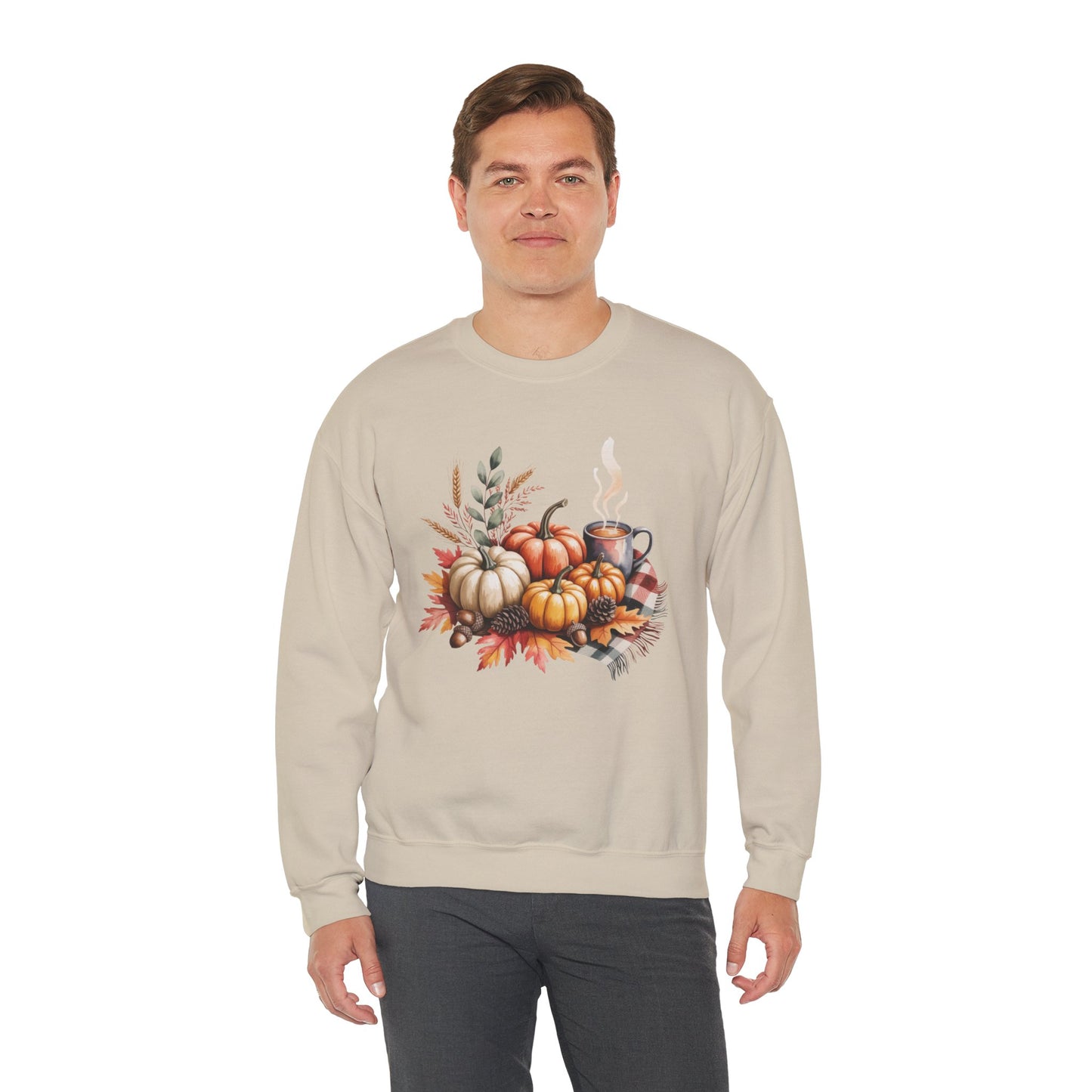 Fall Pumpkin Sweatshirt, Cozy Autumn Crewneck, Thanksgiving Sweater With Pumpkins And Coffee, Fall Leaves Pullover, Seasonal Gift