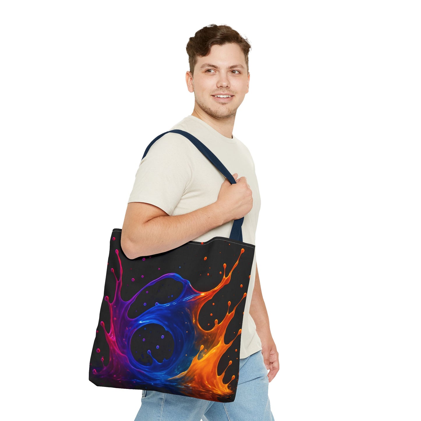Elemental Fusion Tote Bag, Fire And Water Abstract Art Design, Vibrant Blue And Orange Splash Reusable Tote For Artists, Travel, And Everyday Use