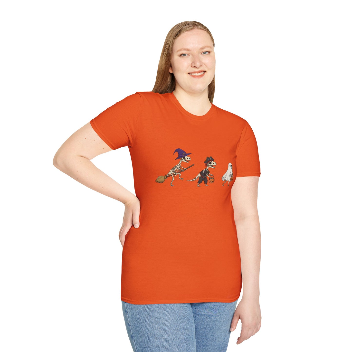 Halloween Dinosaur Skeleton Shirt - Trick-or-Treat Dino Tee, Funny T-Rex Ghost and Witch Costume Shirt, Spooky Cute Skeleton Tee, Unisex